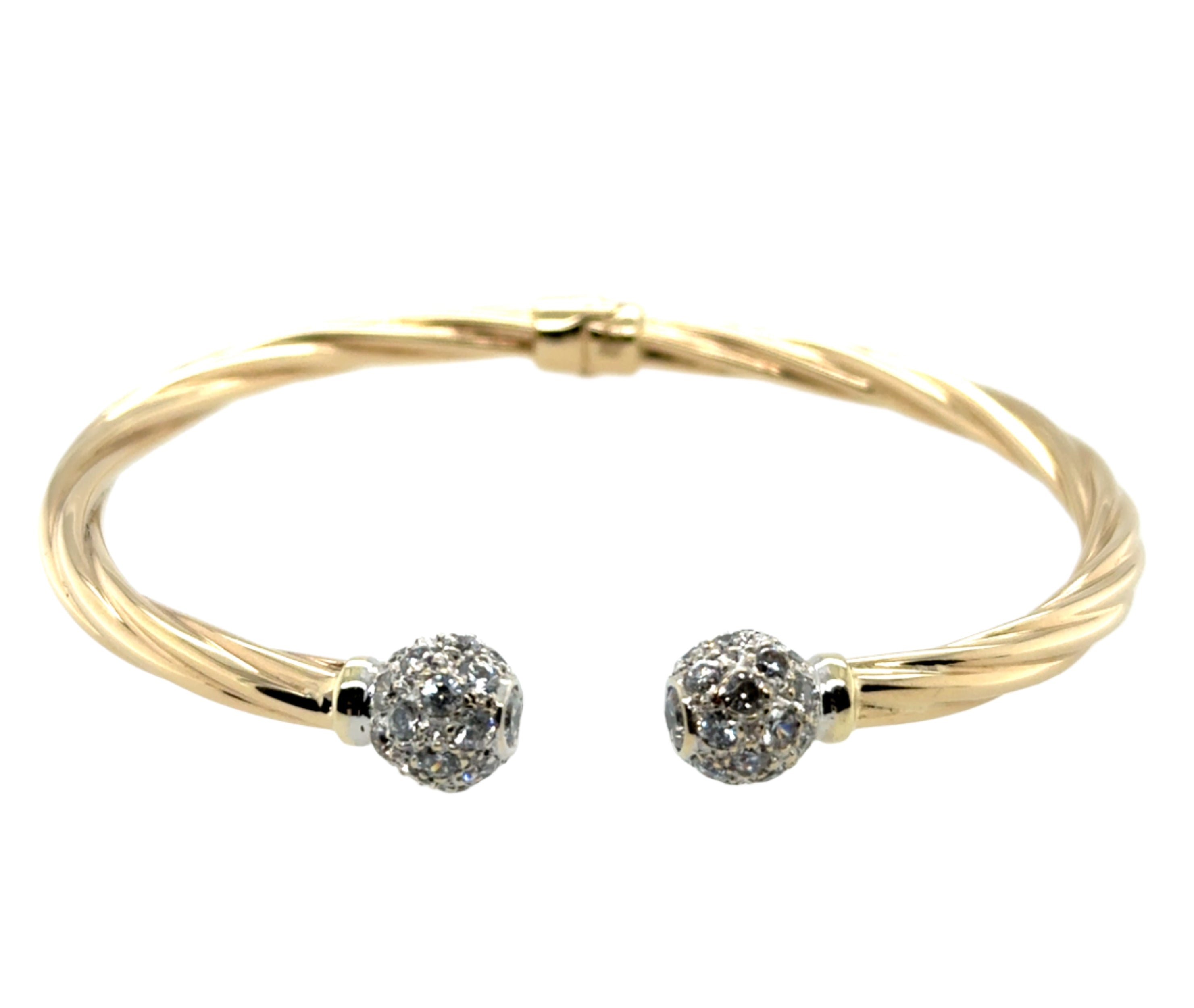 9ct Yellow Gold Twisted Cubic Zirconia Hinged Torque Bangle - 10.00g