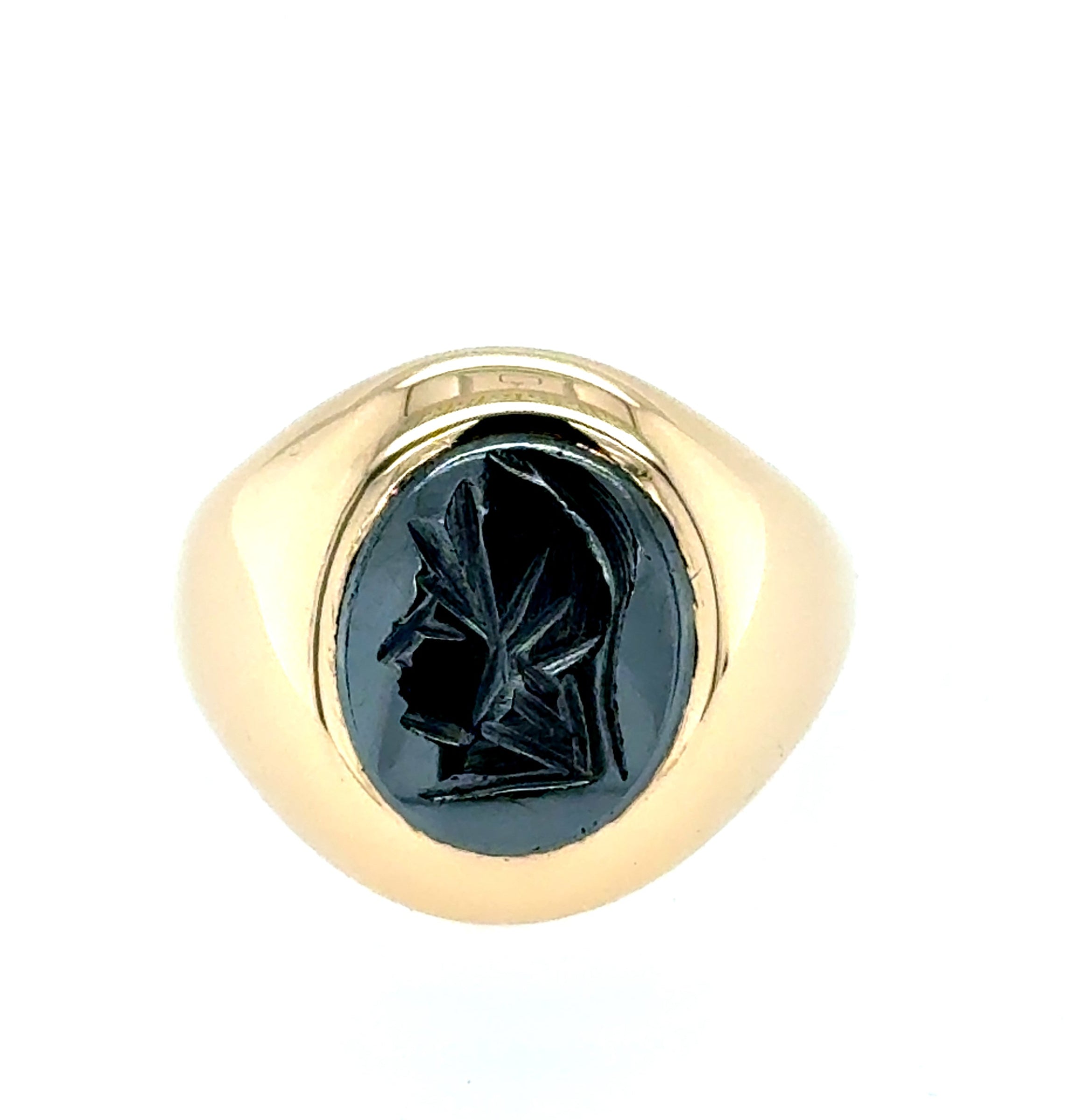 9ct Yellow Gold Hematite Centurian Head Signet Ring Size R