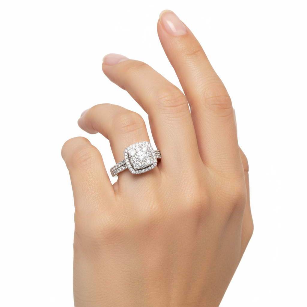 18ct White Gold 0.86ct Diamond Cushion Cluster Engagement Ring Size J