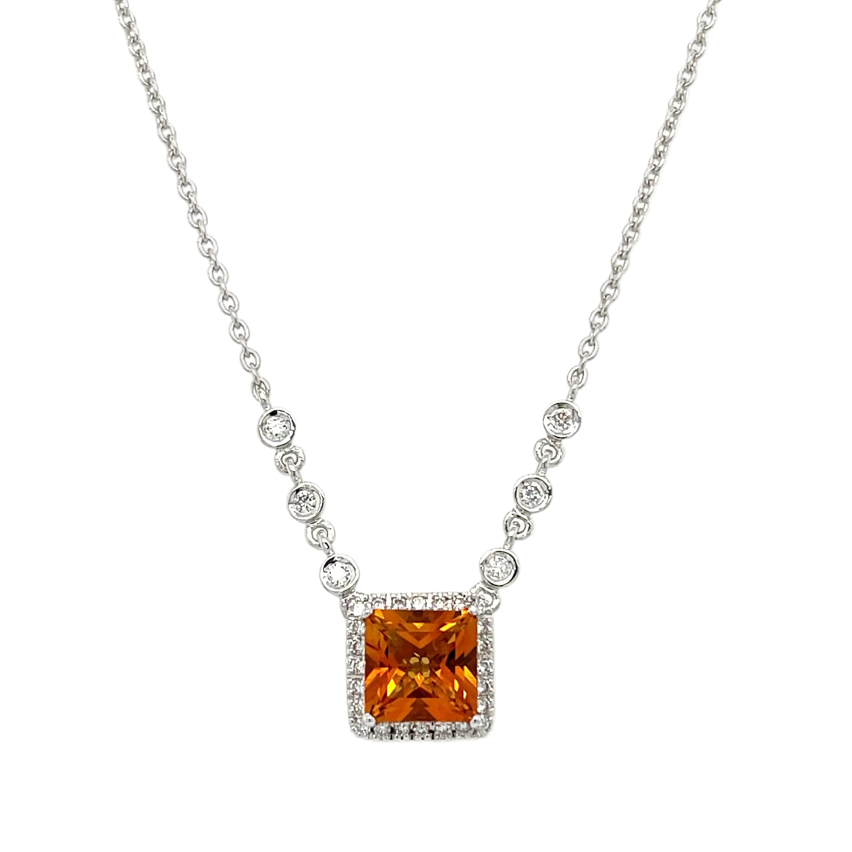 18ct White Gold Square Citrine & Diamond Pendant Necklace