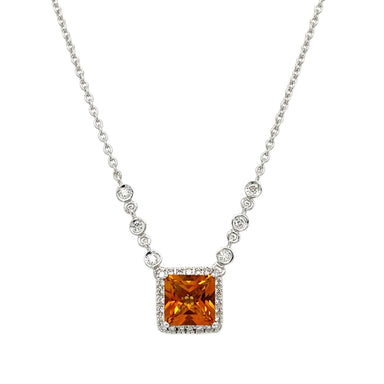 18ct White Gold Square Citrine & Diamond Pendant Necklace