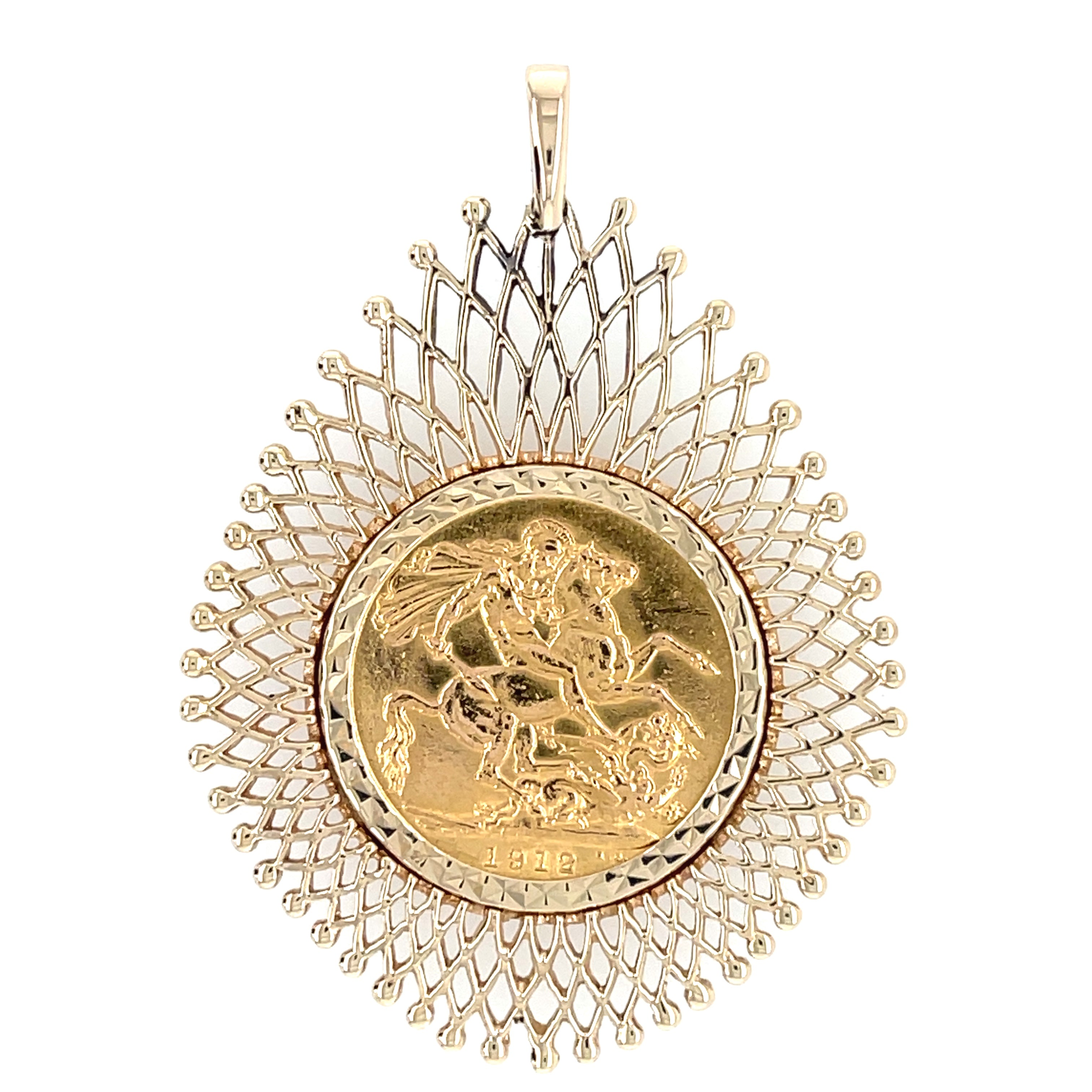 1912 George V Full Sovereign Coin & Fancy Lattice Pendant Mount