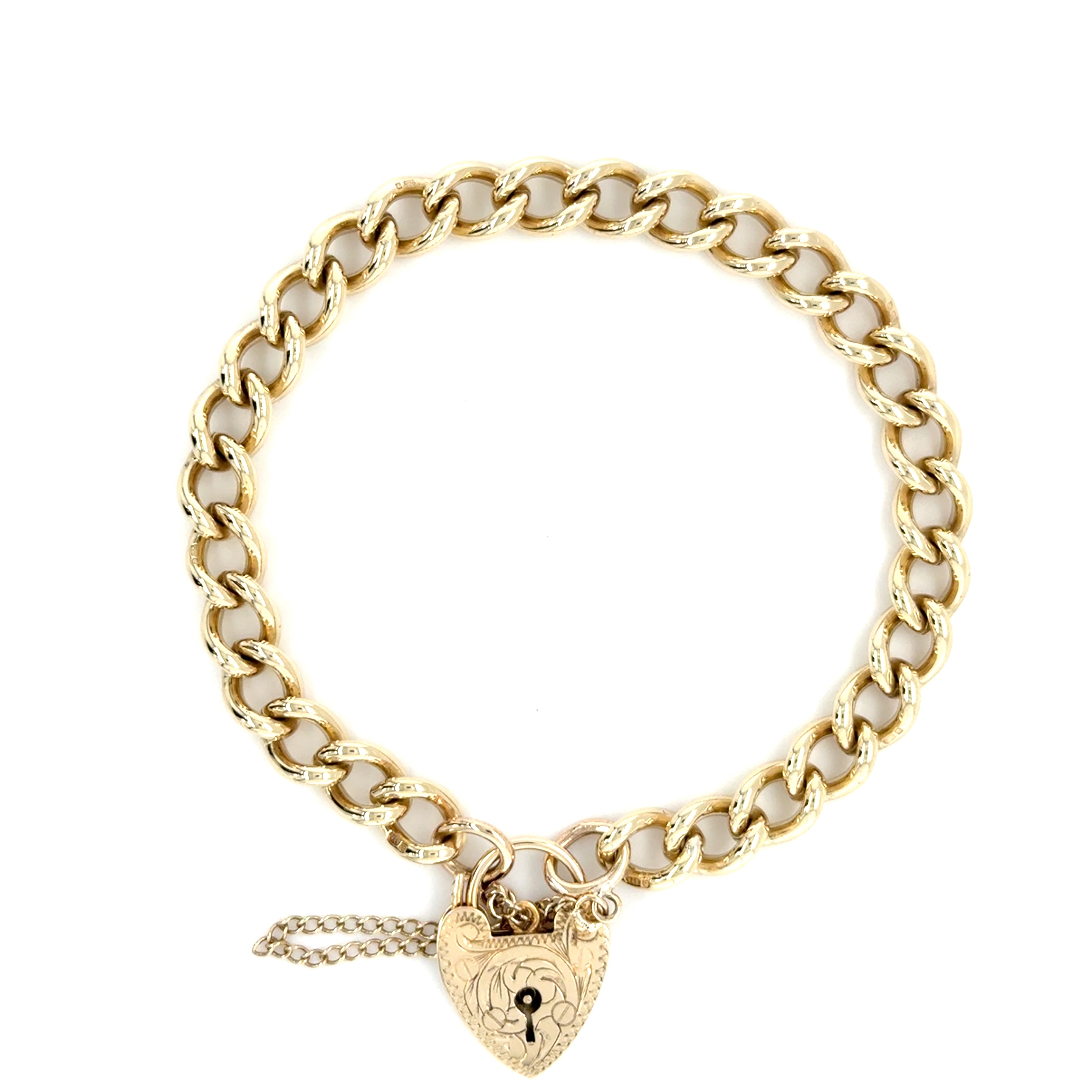 9ct Yellow Gold 7 Inch Heart Padlock Charm Bracelet - 21.42g