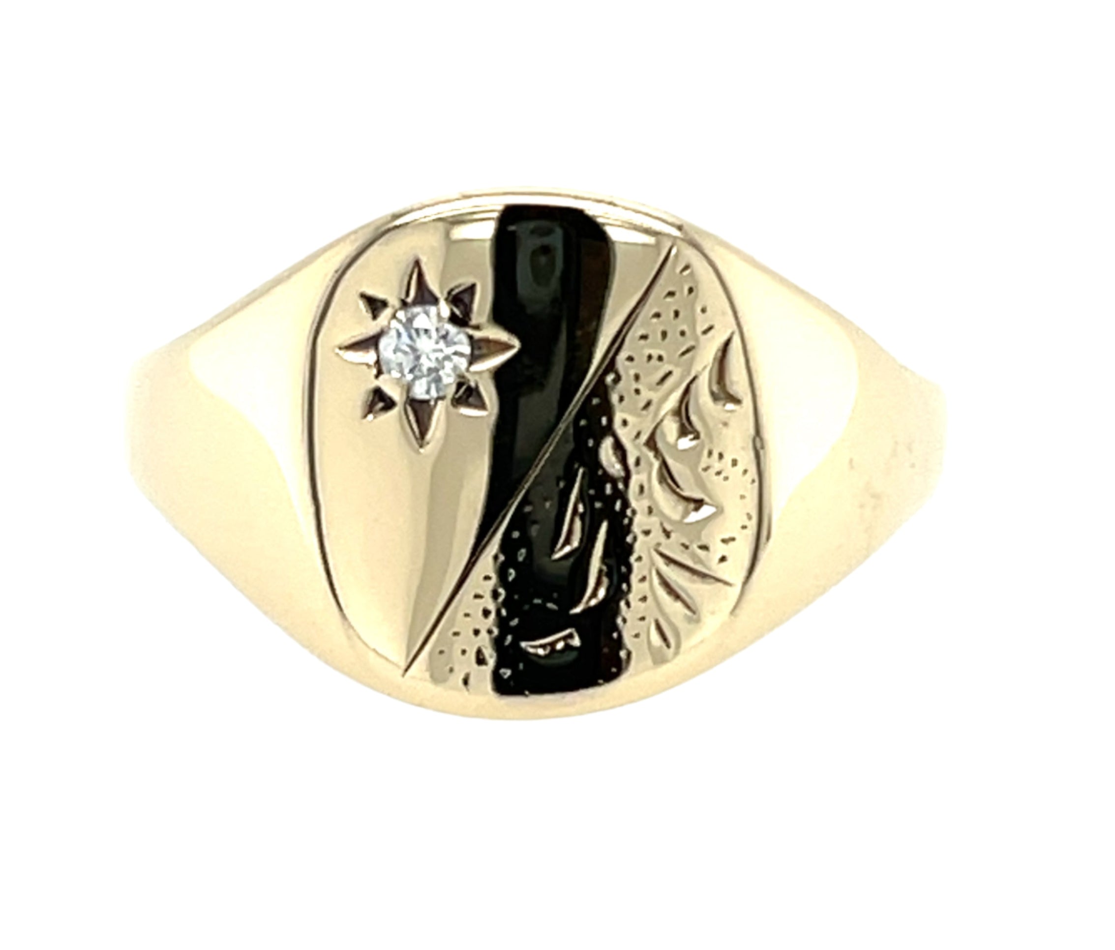 9ct Yellow Gold Engraved Diamond Set Cushion Signet Ring Size W