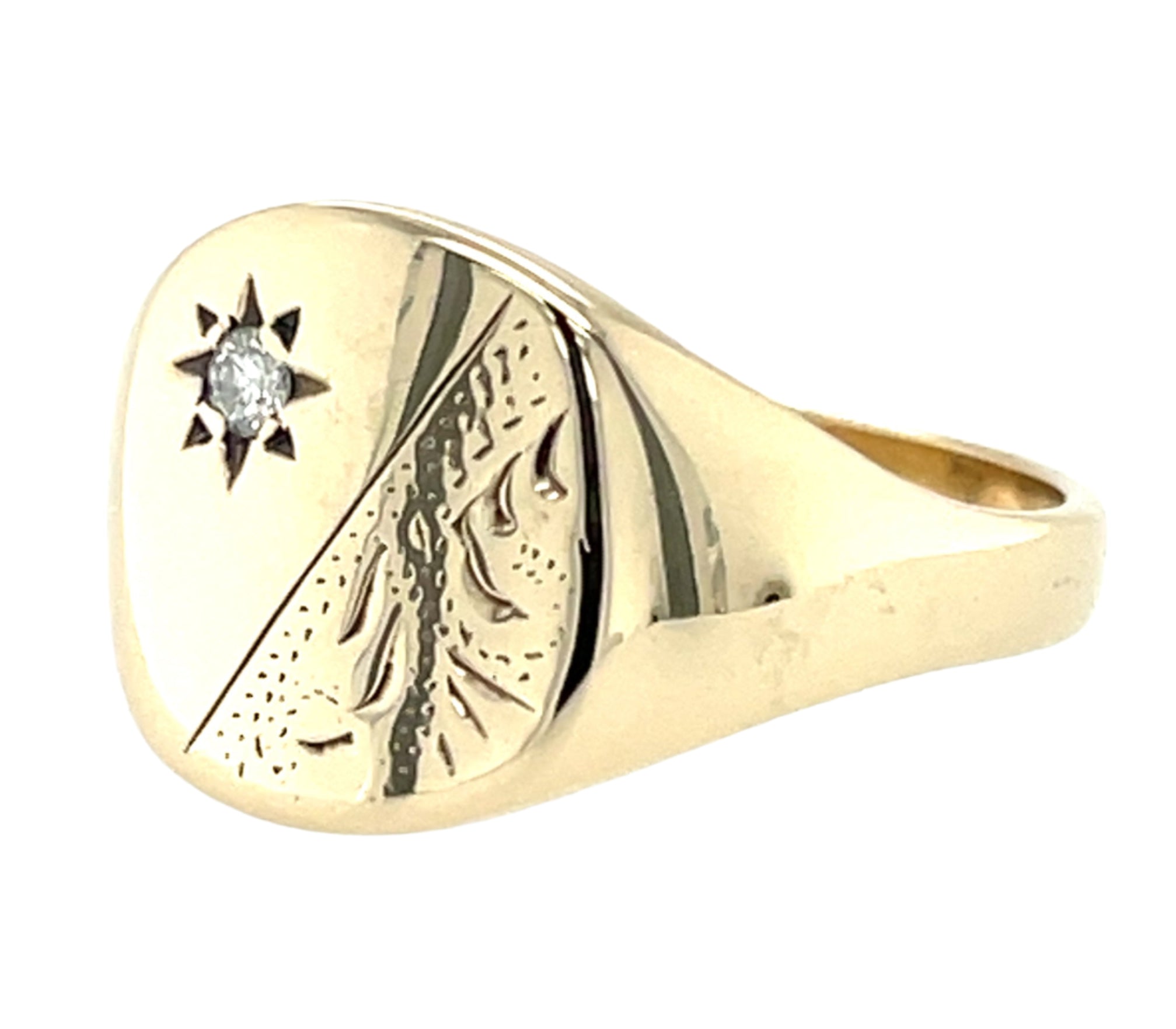 9ct Yellow Gold Engraved Diamond Set Cushion Signet Ring Size W