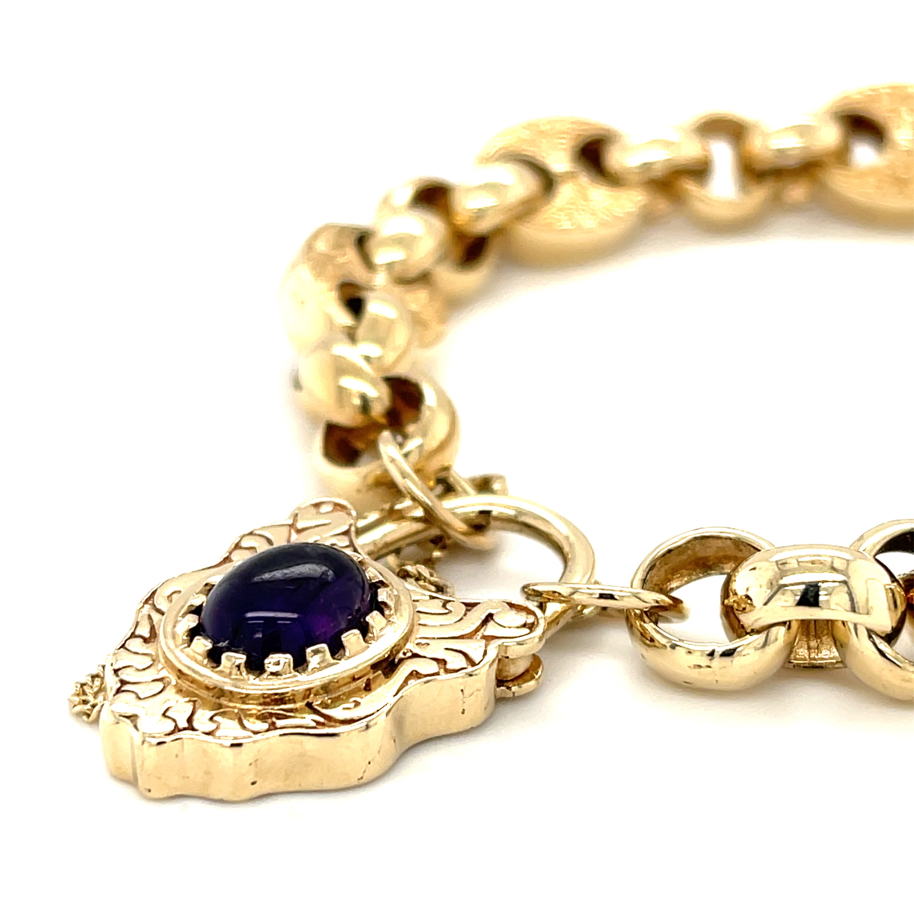 9ct Yellow Gold 7.5" Unusual Anchor Link Bracelet & Cabochon Amethyst Set Padlock SOLD