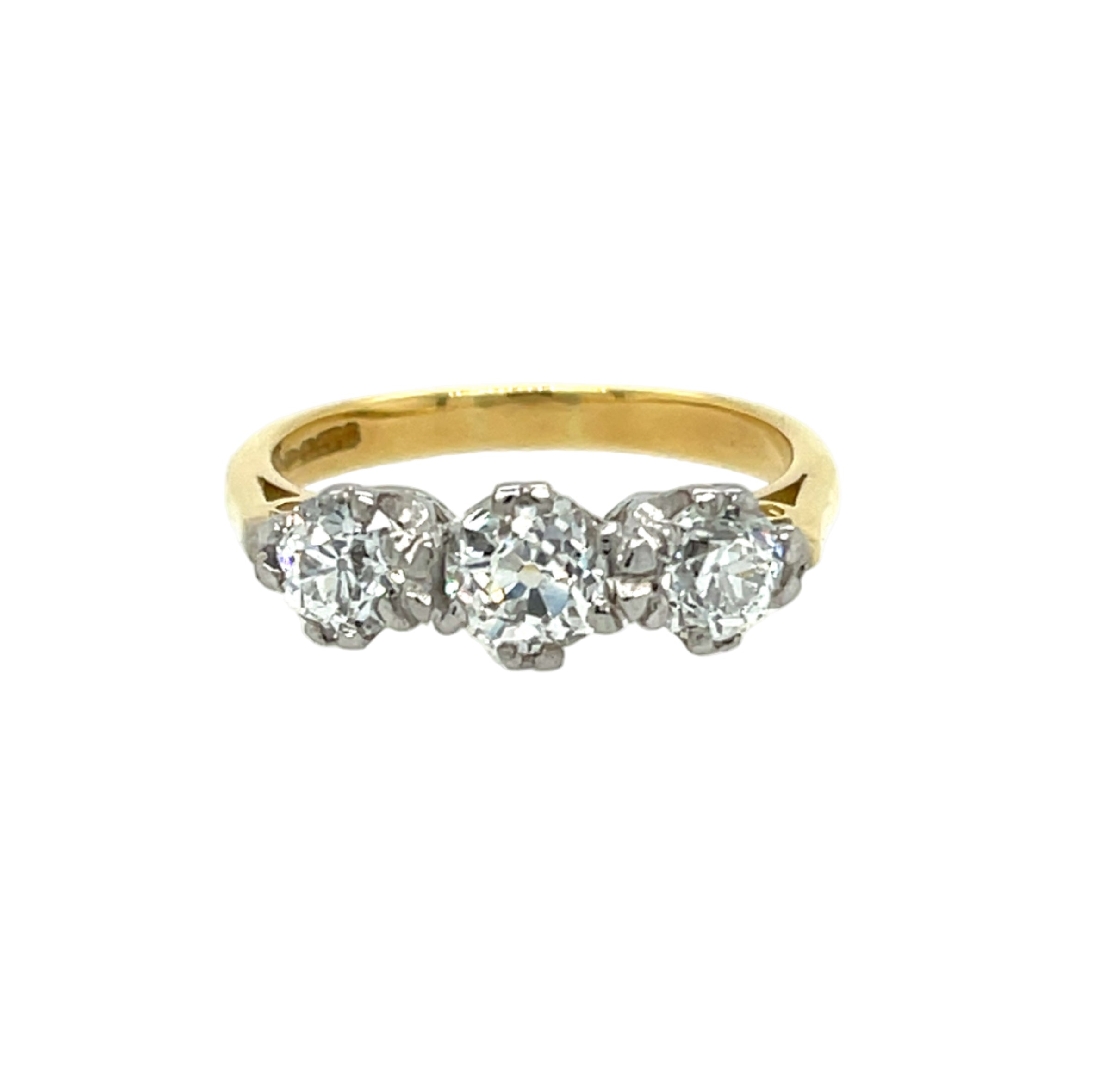 Vintage 18ct Yellow Gold 1.42ct Old Mine Cut Diamond Three Stone Ring