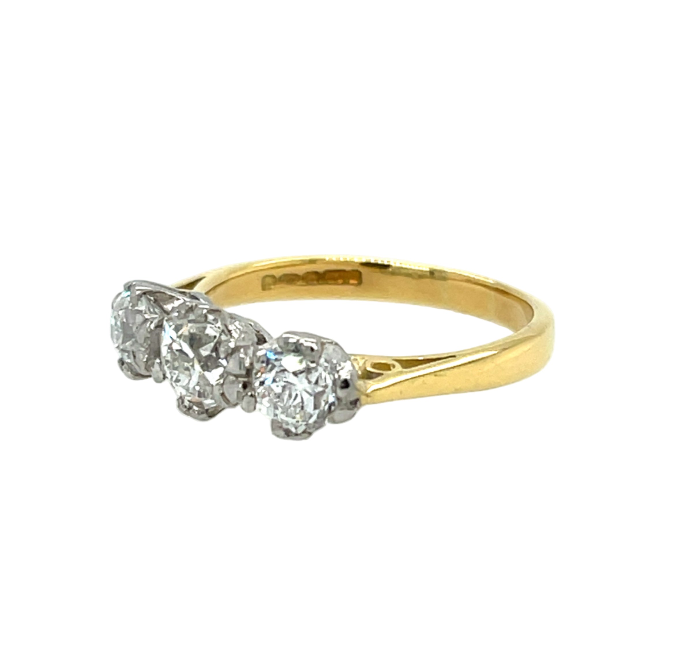 Vintage 18ct Yellow Gold 1.42ct Old Mine Cut Diamond Three Stone Ring