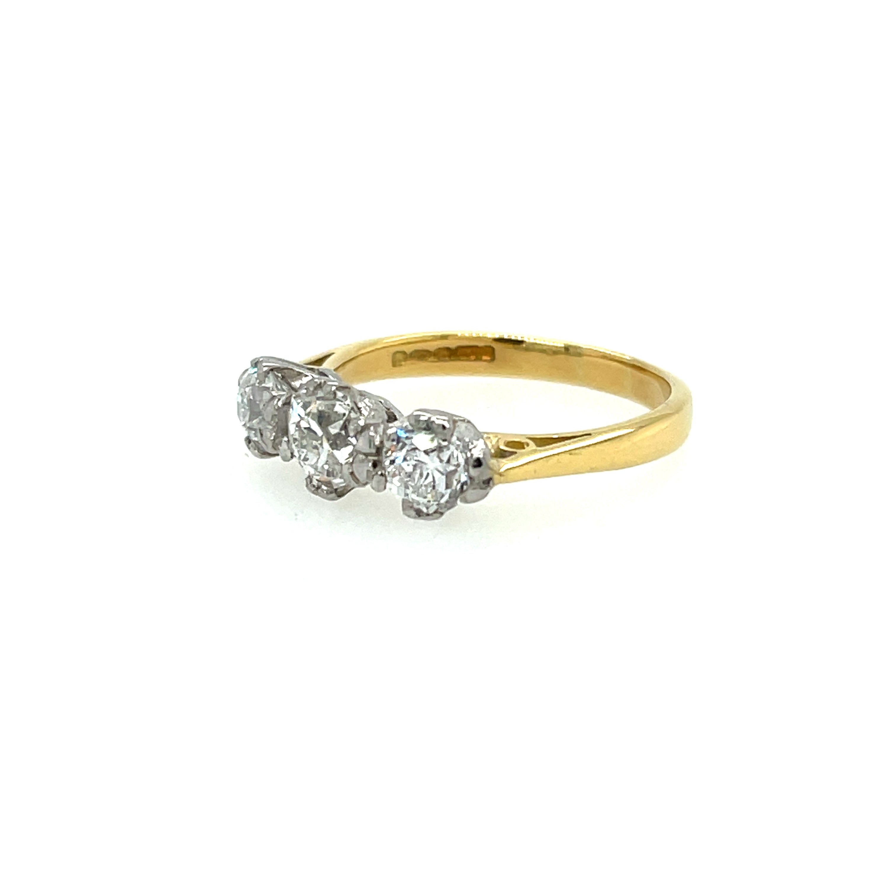 18ct Yellow Gold 1.42ct Old Mine Cut Diamond Three Stone Ring