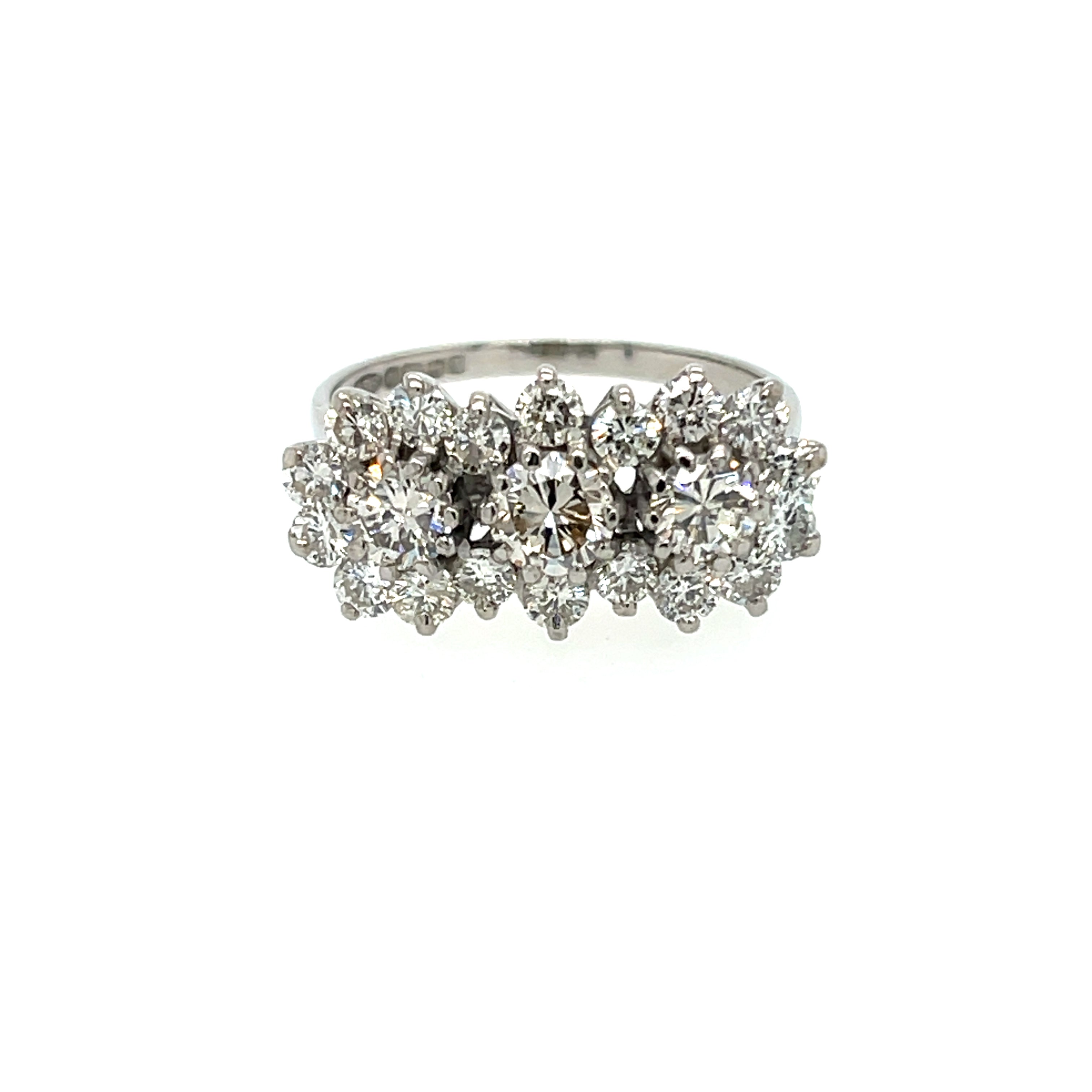 18ct White Gold Vintage 1968 1.50ct Diamond Triple Cluster Dress Ring