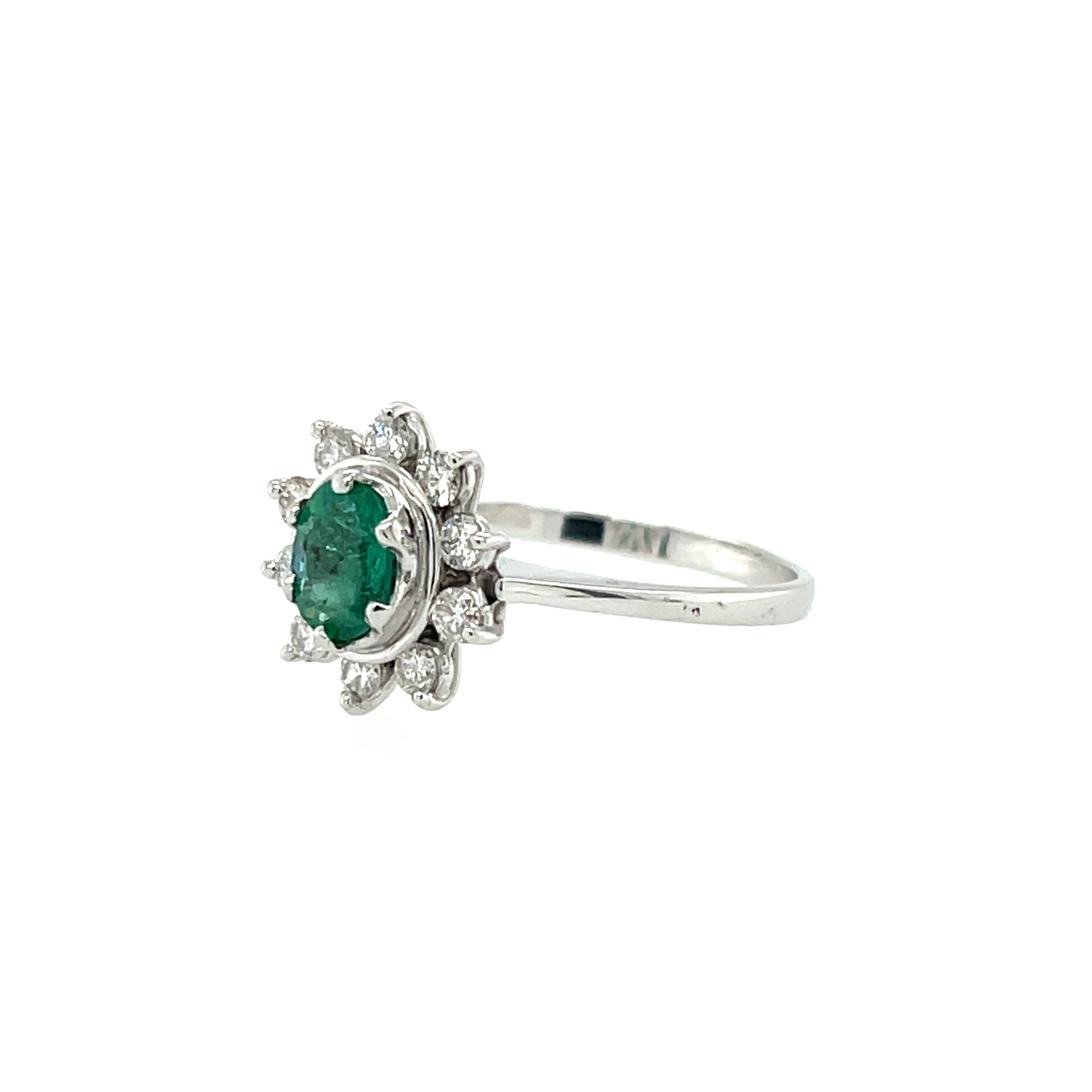 18ct White Gold Oval Cut Emerald & Diamond Flower Cluster Ring
