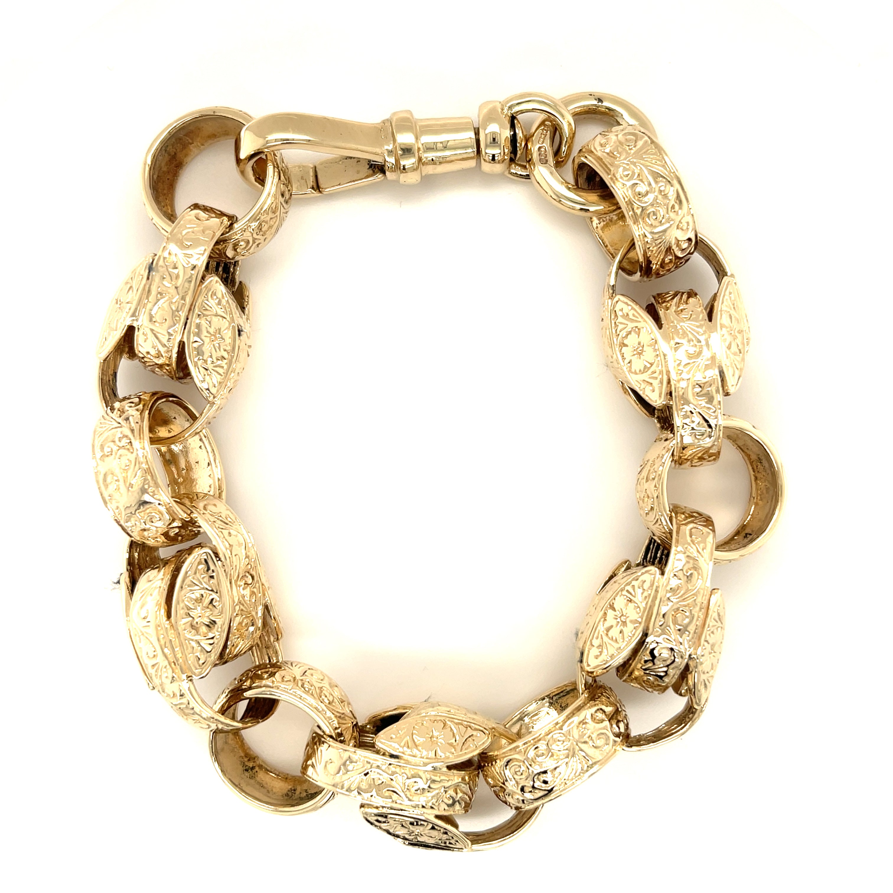 9ct Yellow Gold 10 Inch Heavy Patterned Tulip & Blecher Link Bracelet - 95.48g SOLD