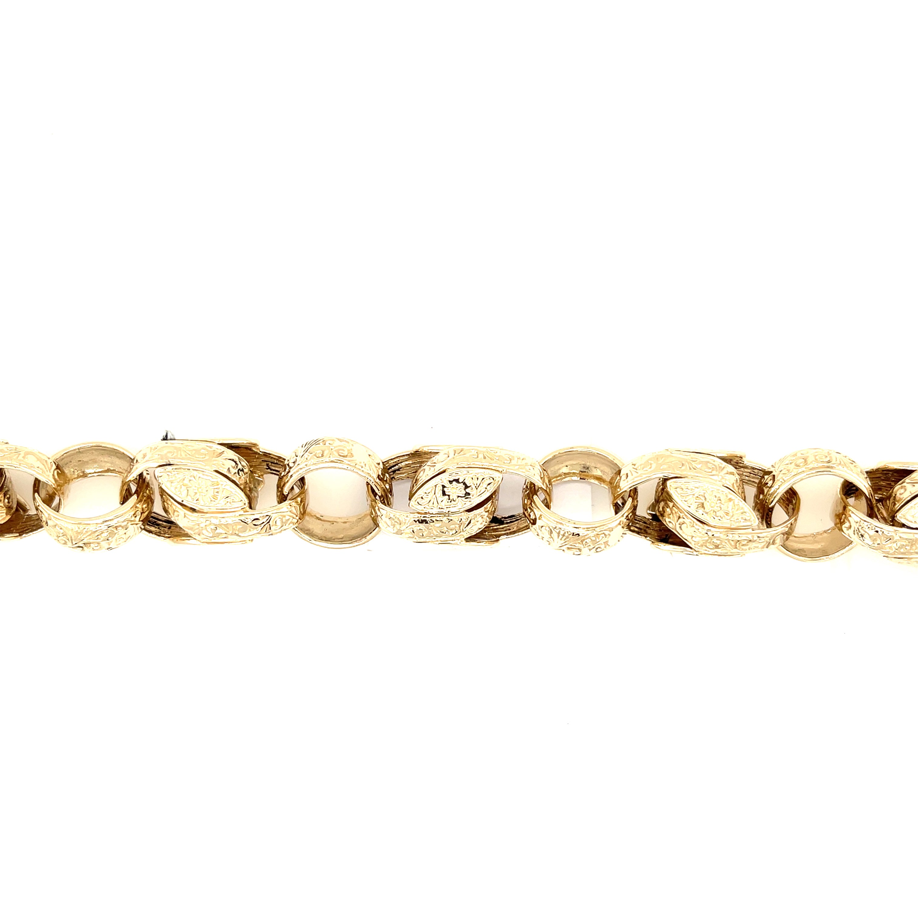 9ct Yellow Gold 10 Inch Heavy Patterned Tulip & Blecher Link Bracelet - 95.48g SOLD