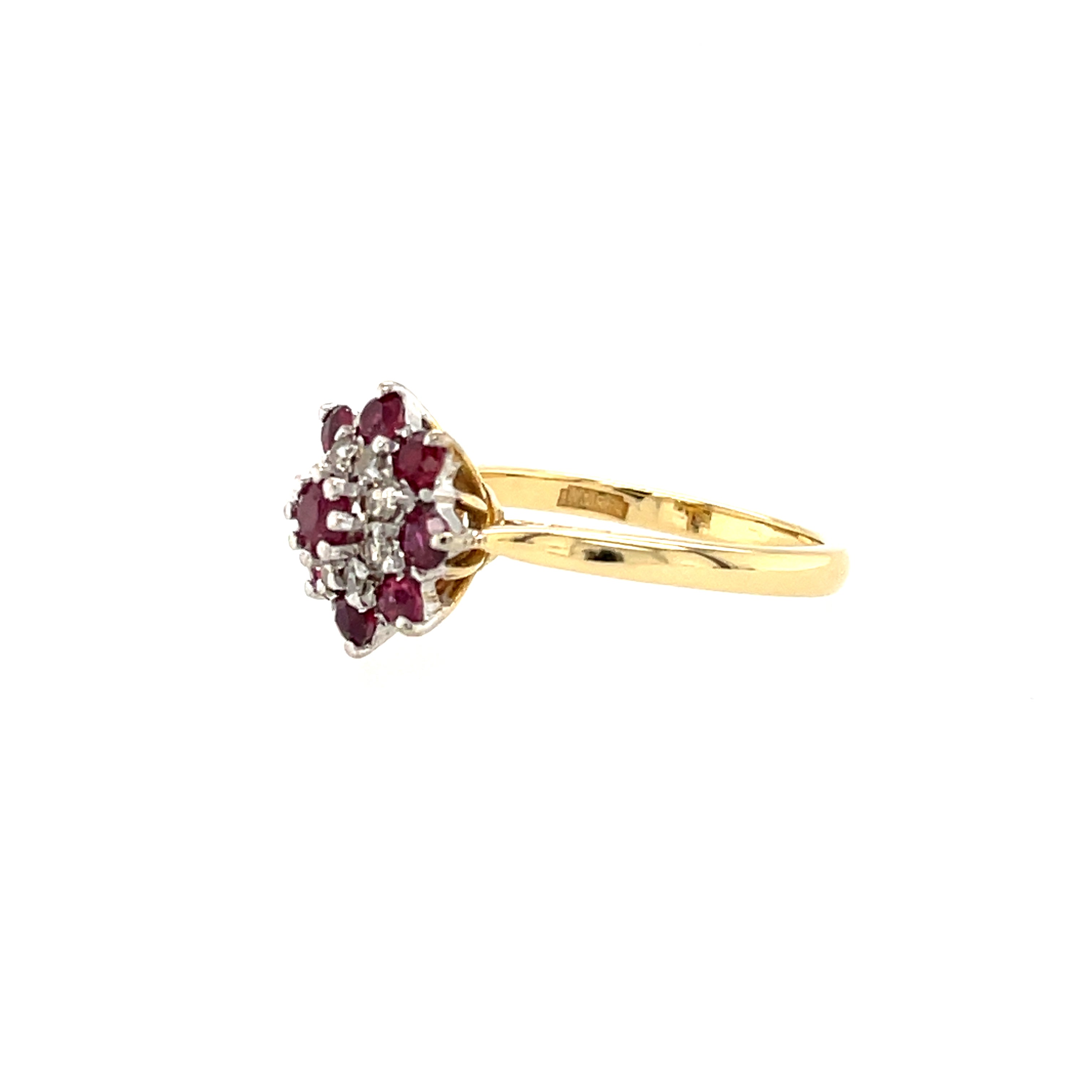 18ct Yellow Gold Ruby & Diamond Cluster Ring London 1973