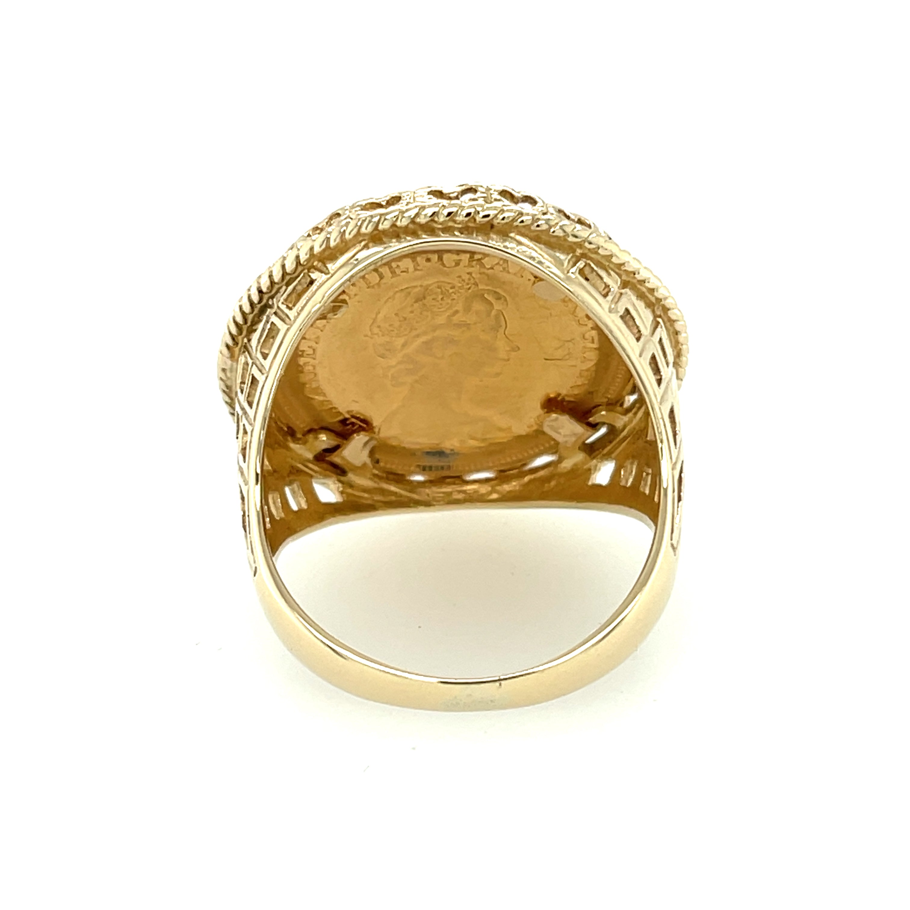 1980 Elizabeth II Full Sovereign Ring & 9ct Gold Hearts Lattice Mount SOLD