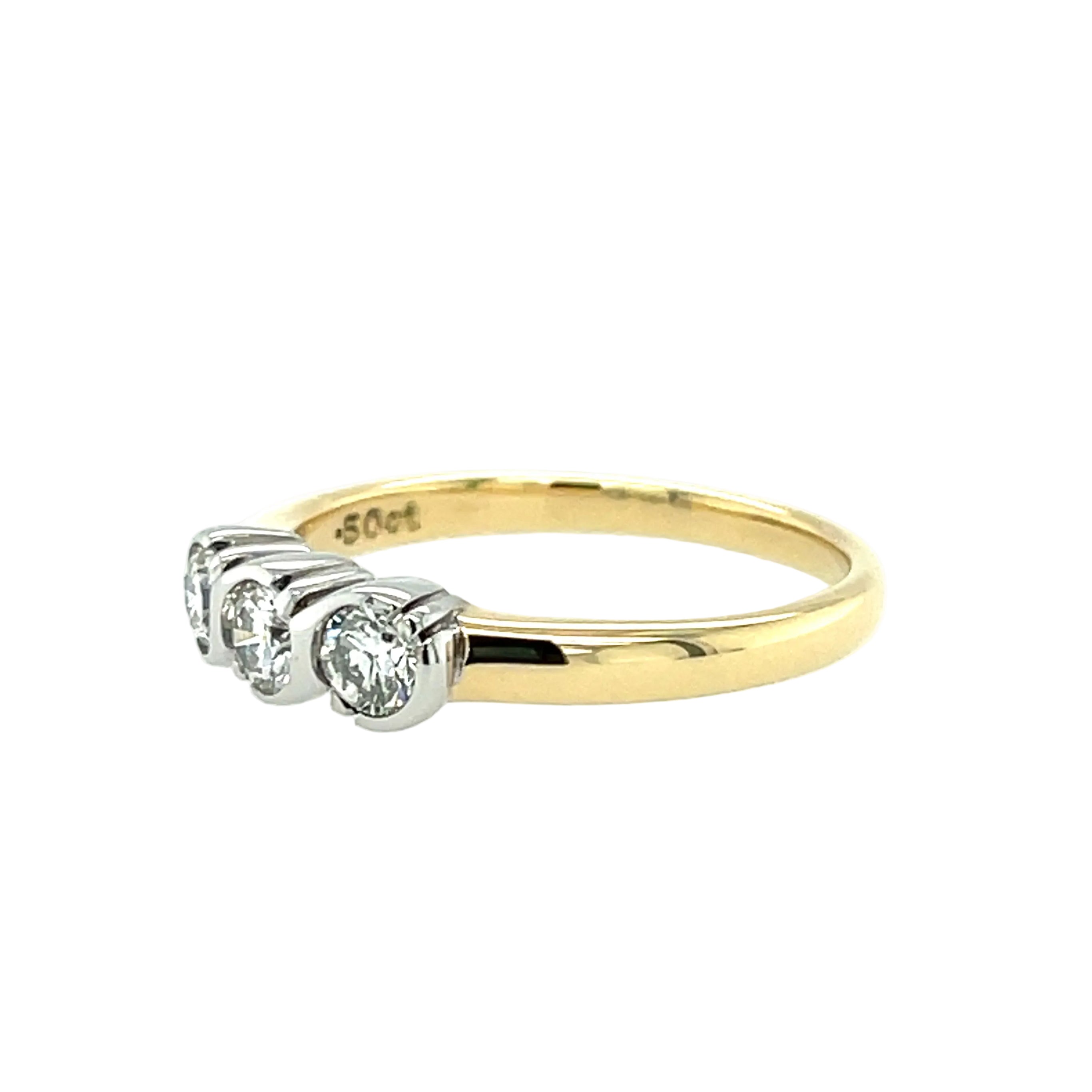 18ct Yellow Gold 0.50ct Round Brilliant Cut Diamond Three Stone Rubover Ring