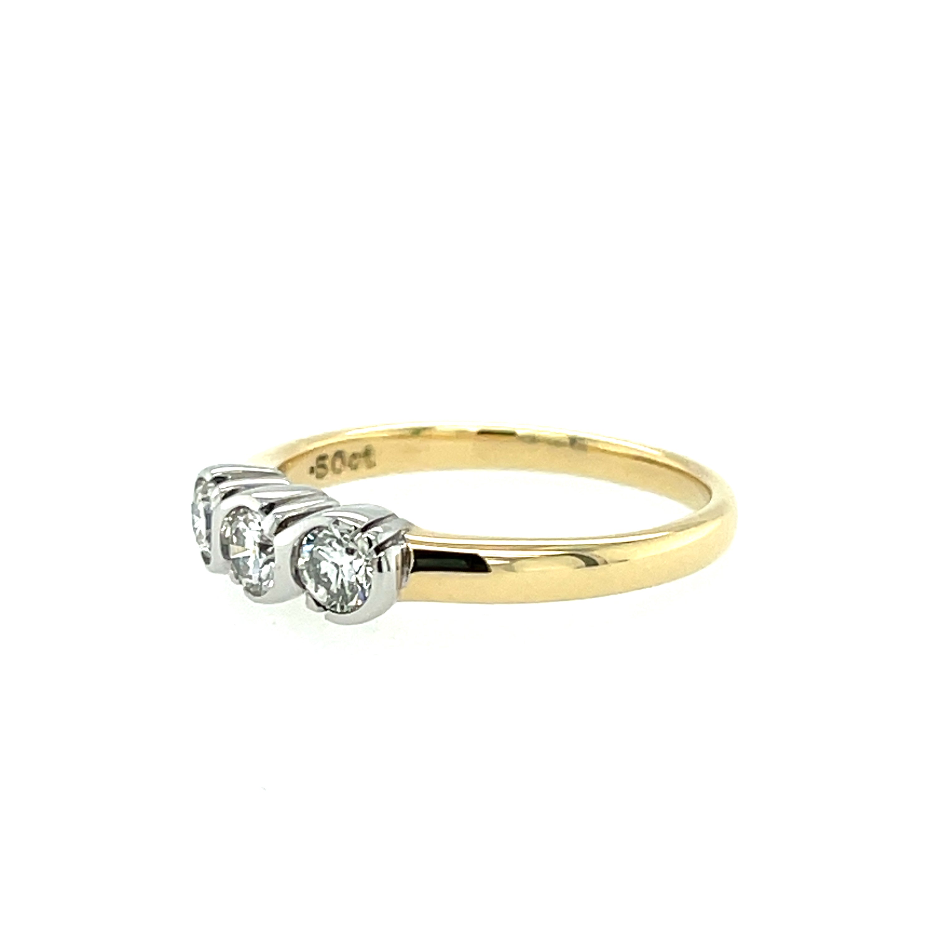 18ct Yellow Gold 0.50ct Diamond Three Stone Rubover Ring