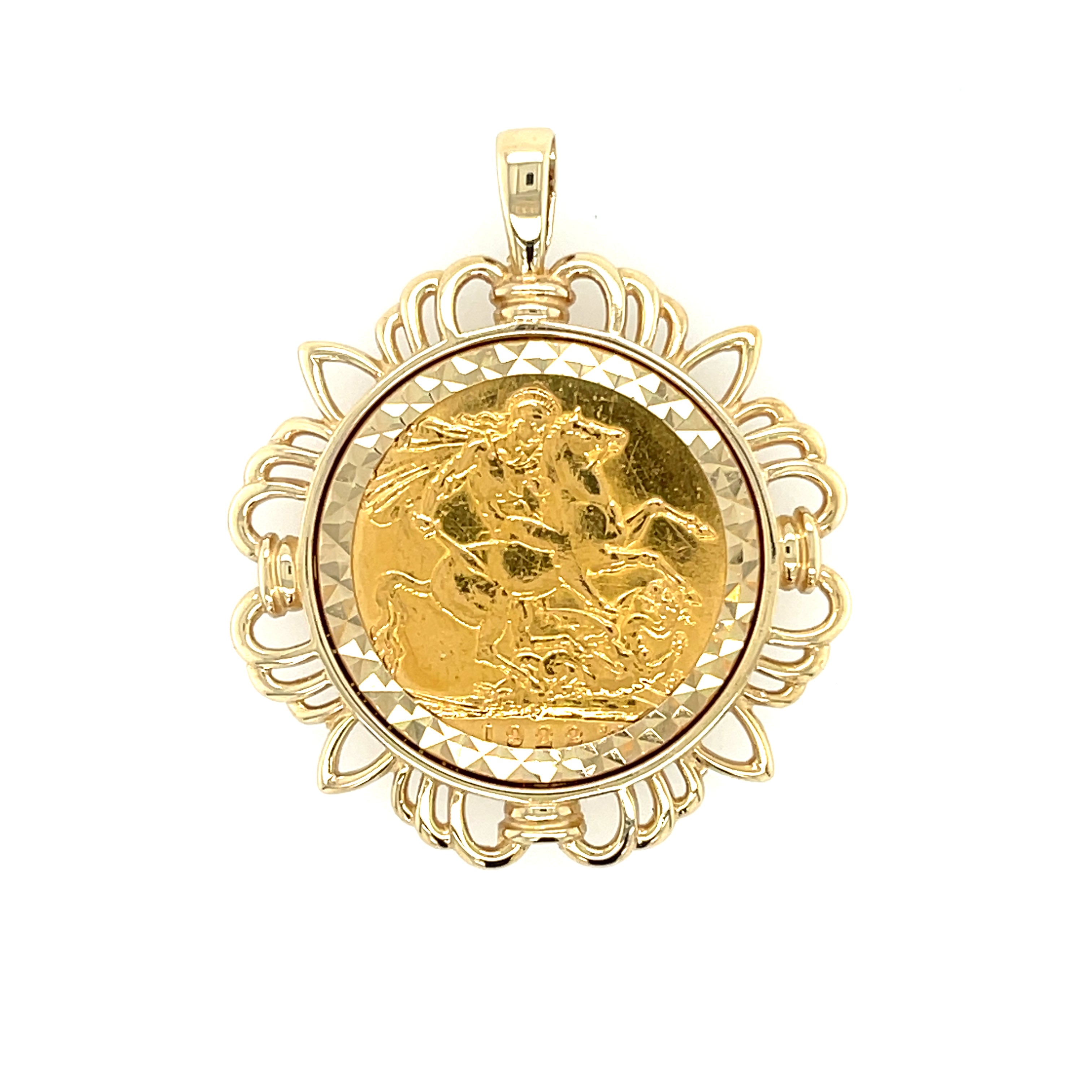 1922 George V Full Sovereign Coin & 9ct Gold Wreath Pendant Mount