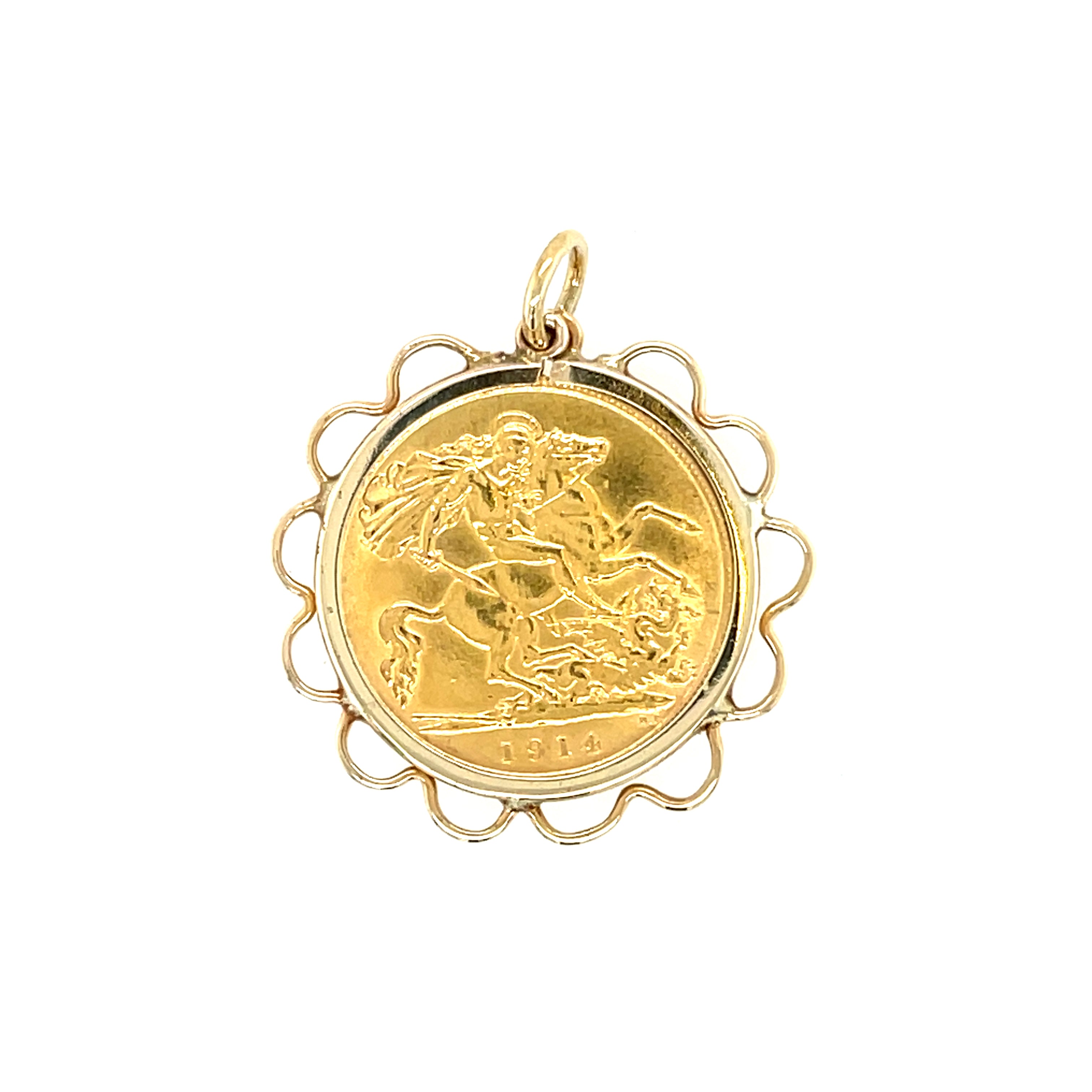 1914 George V Half Sovereign Coin & 9ct Gold Frill Pendant Mount