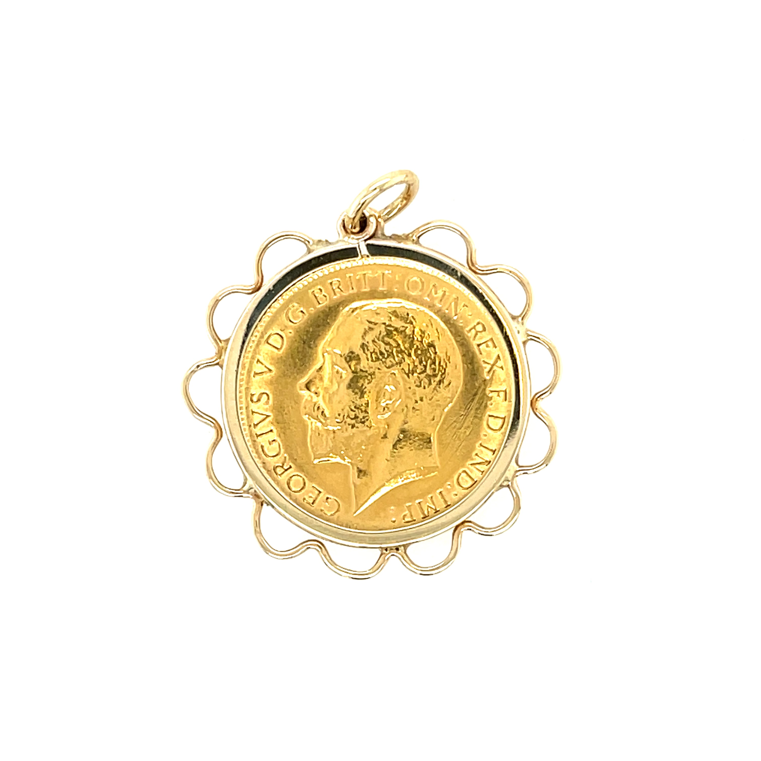 1914 George V Half Sovereign Coin & 9ct Gold Frill Pendant Mount