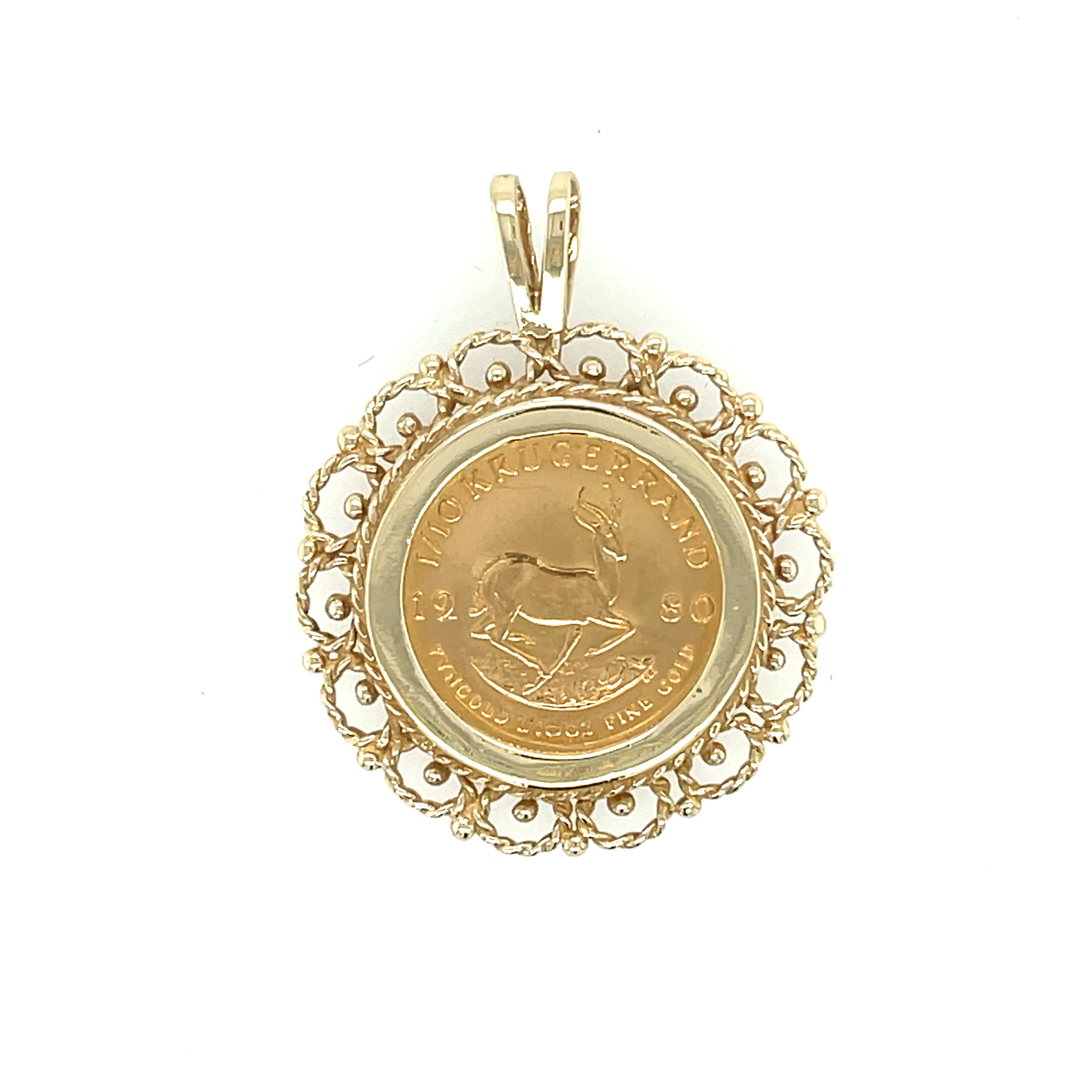 1980 Tenth (1/10) Krugerrand & 9ct Gold Rope Pendant Mount & Belcher Chain SOLD