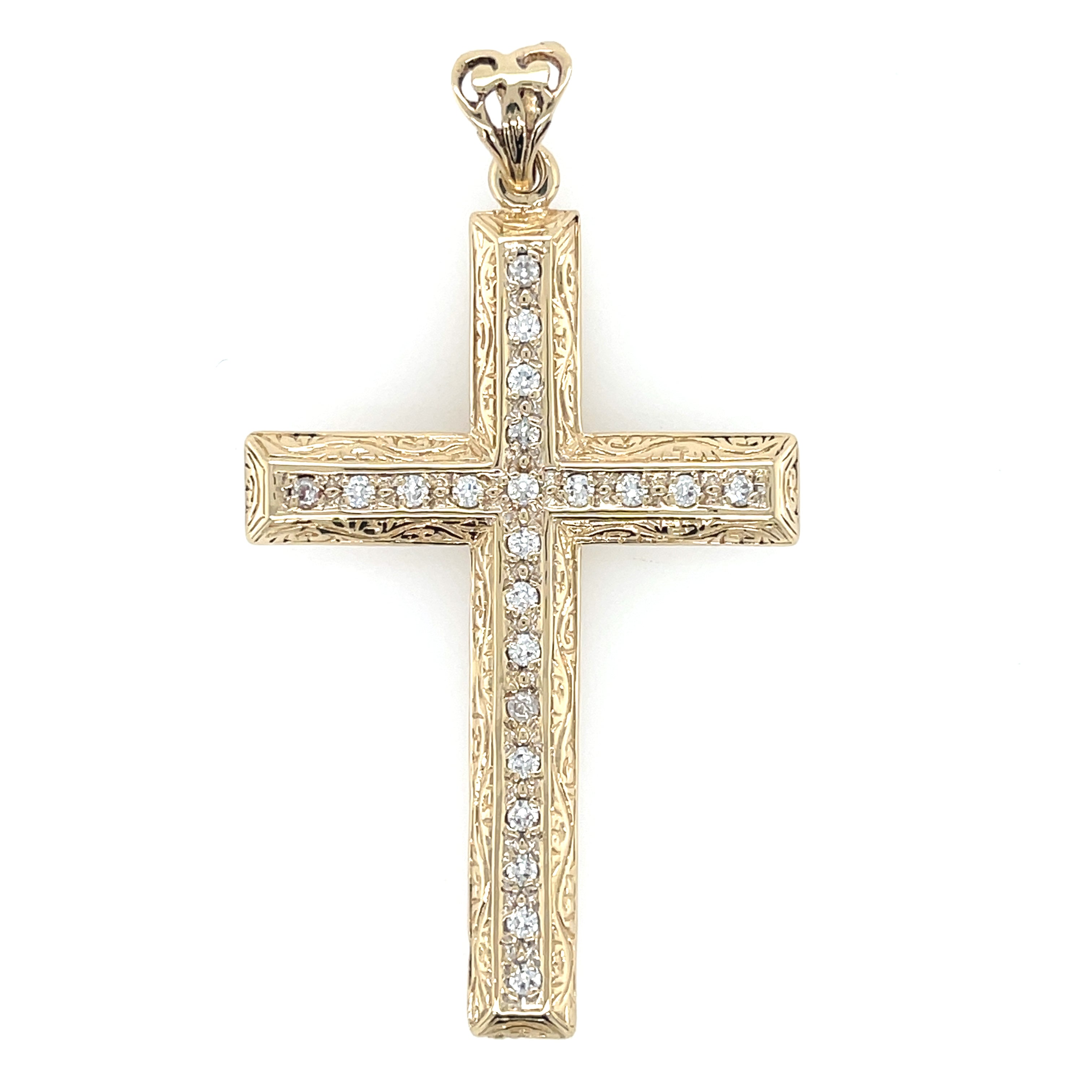 9ct Yellow Gold Patterned Cubic Zirconia Cross Pendant