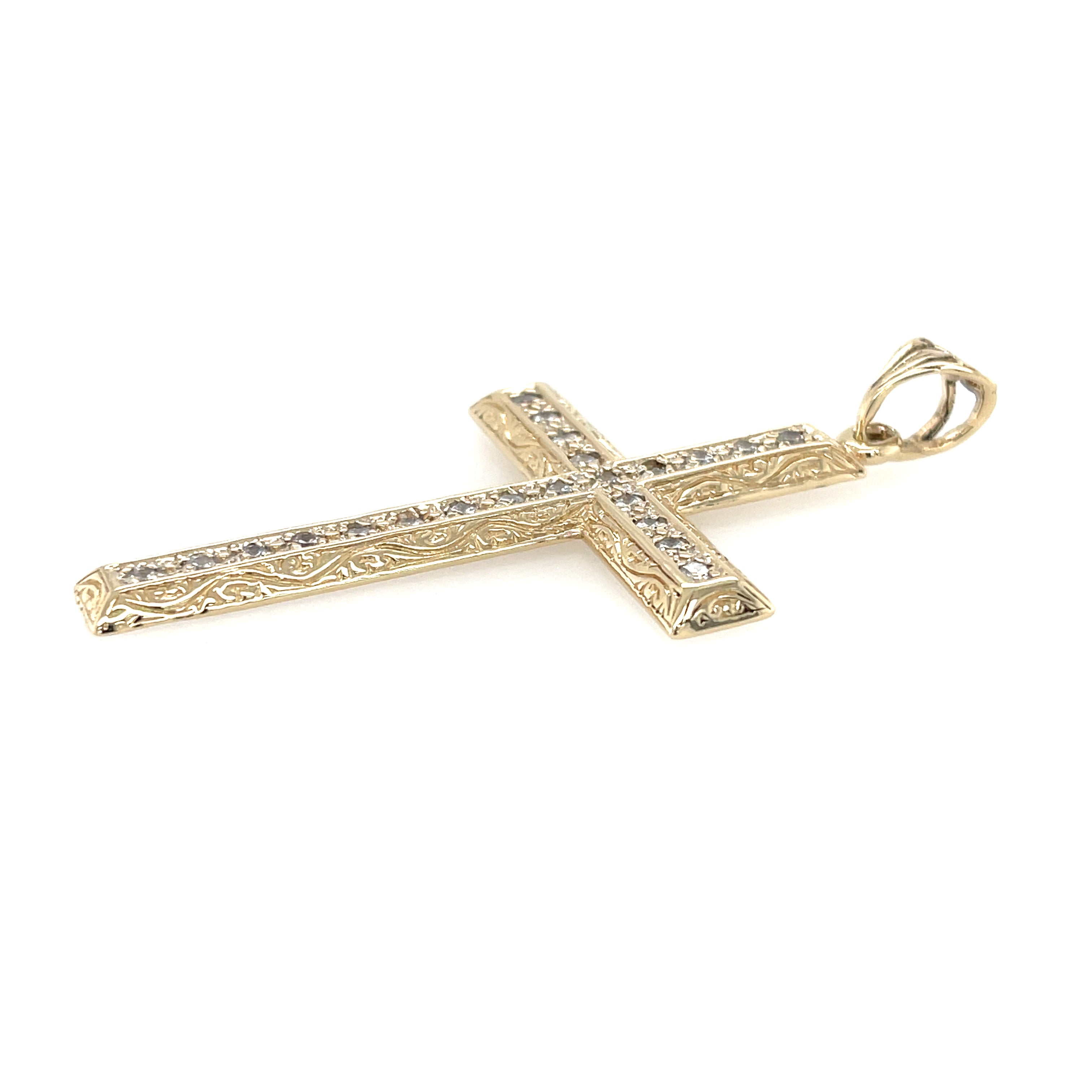 9ct Yellow Gold Patterned Cubic Zirconia Cross Pendant