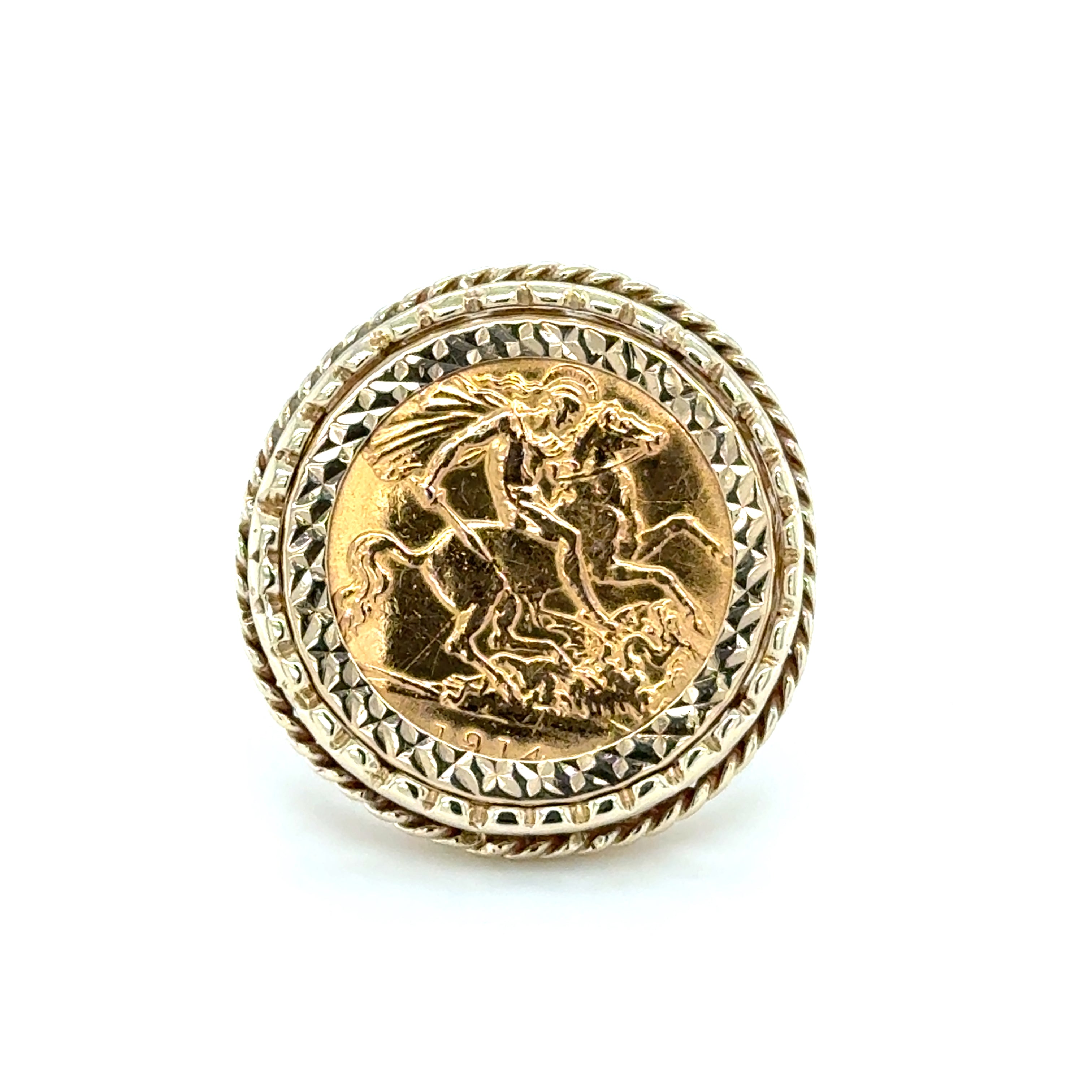 1914 George V Half Sovereign Ring Lattice Mount Size Q