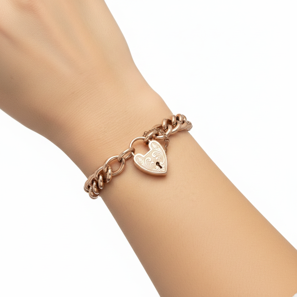 9ct Rose Gold Vintage 8"/20cm Hollow Link Charm Bracelet With Heart Padlock - 14.35g
