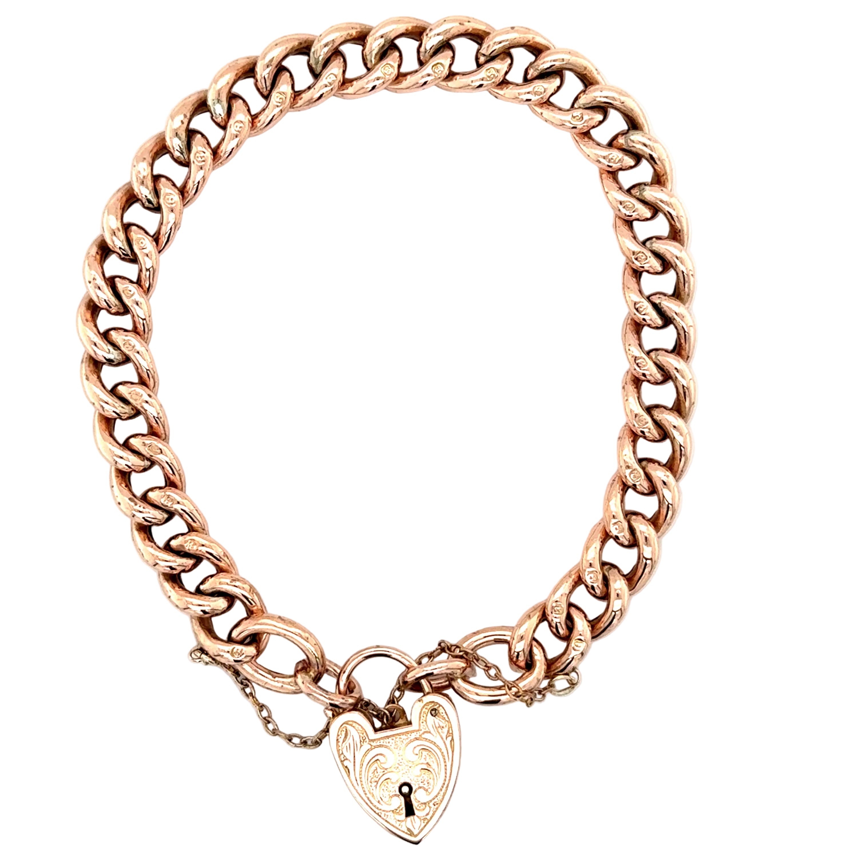 9ct Rose Gold Vintage 8"/20cm Hollow Link Charm Bracelet With Heart Padlock - 14.35g