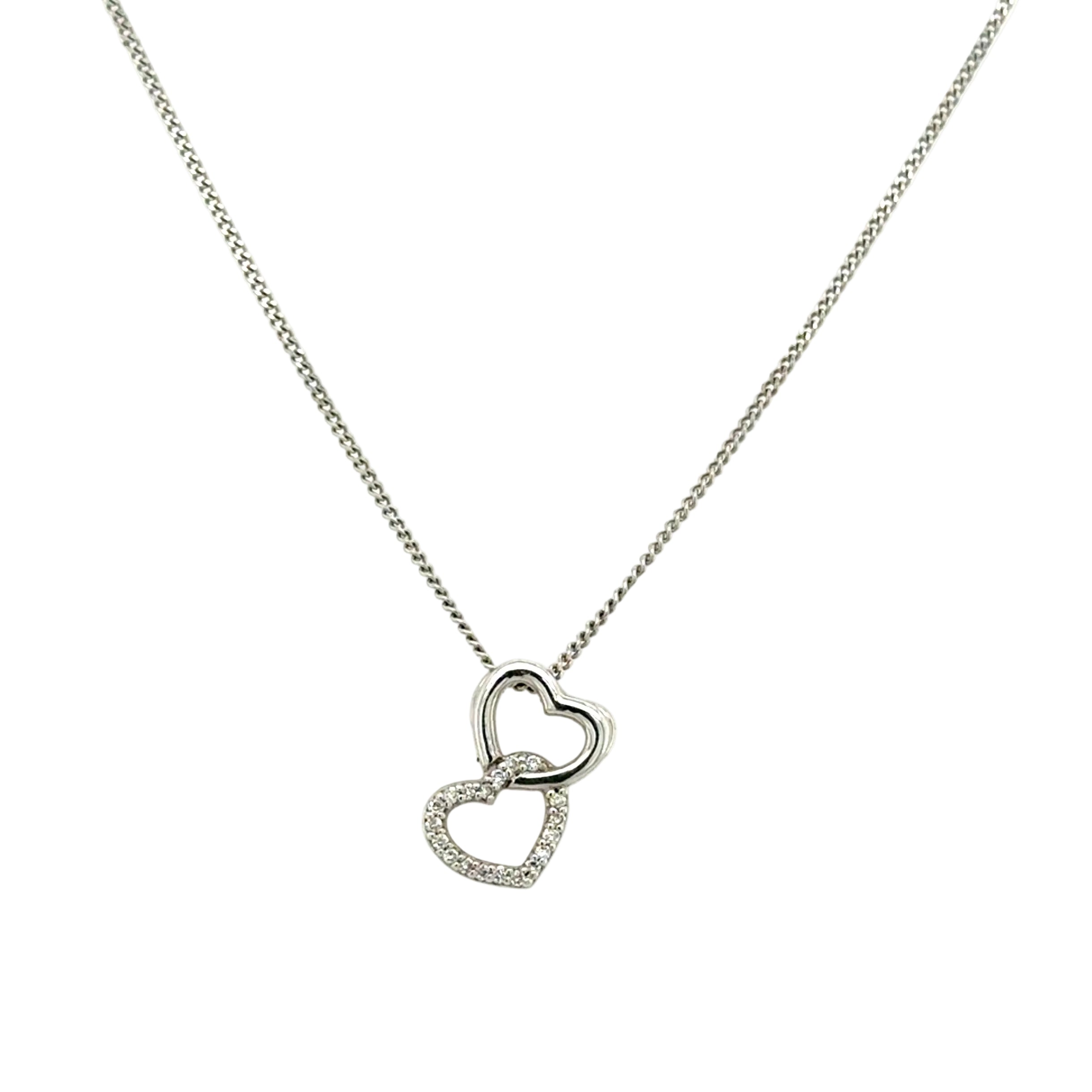9ct White Gold Diamond Double Heart Pendant Necklace