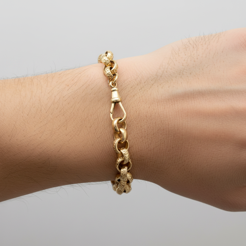 9ct Yellow Gold 7.5"/18.75cm Patterned & Polished Round Link Belcher Bracelet - 15.60g