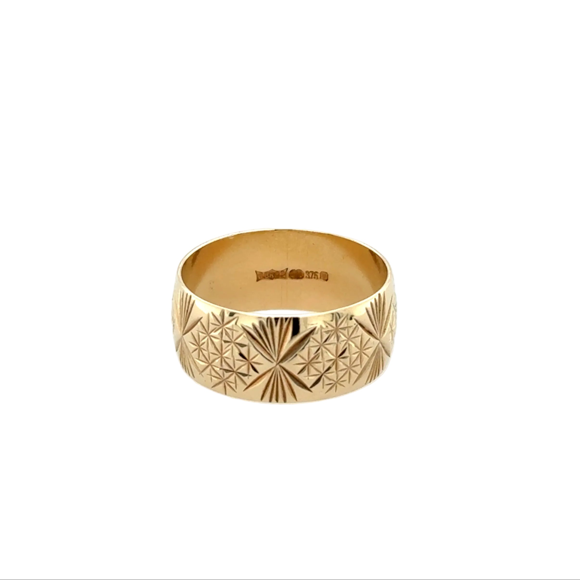 9ct Yellow Gold Berker Bros 8mm Patterned Wedding Band Size M