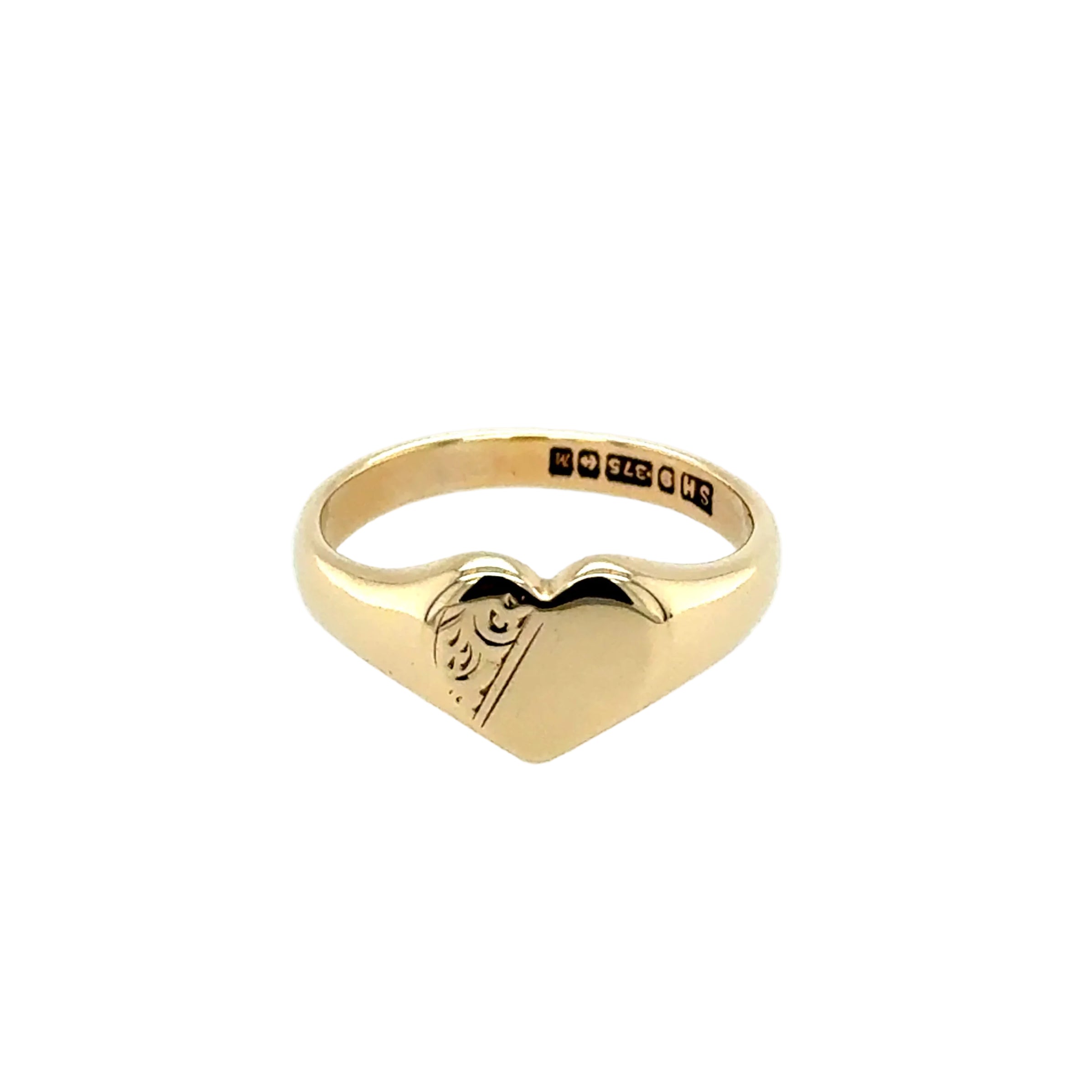 9ct Yellow Gold Heart Shaped Engraved Signet Ring Birmingham 1986
