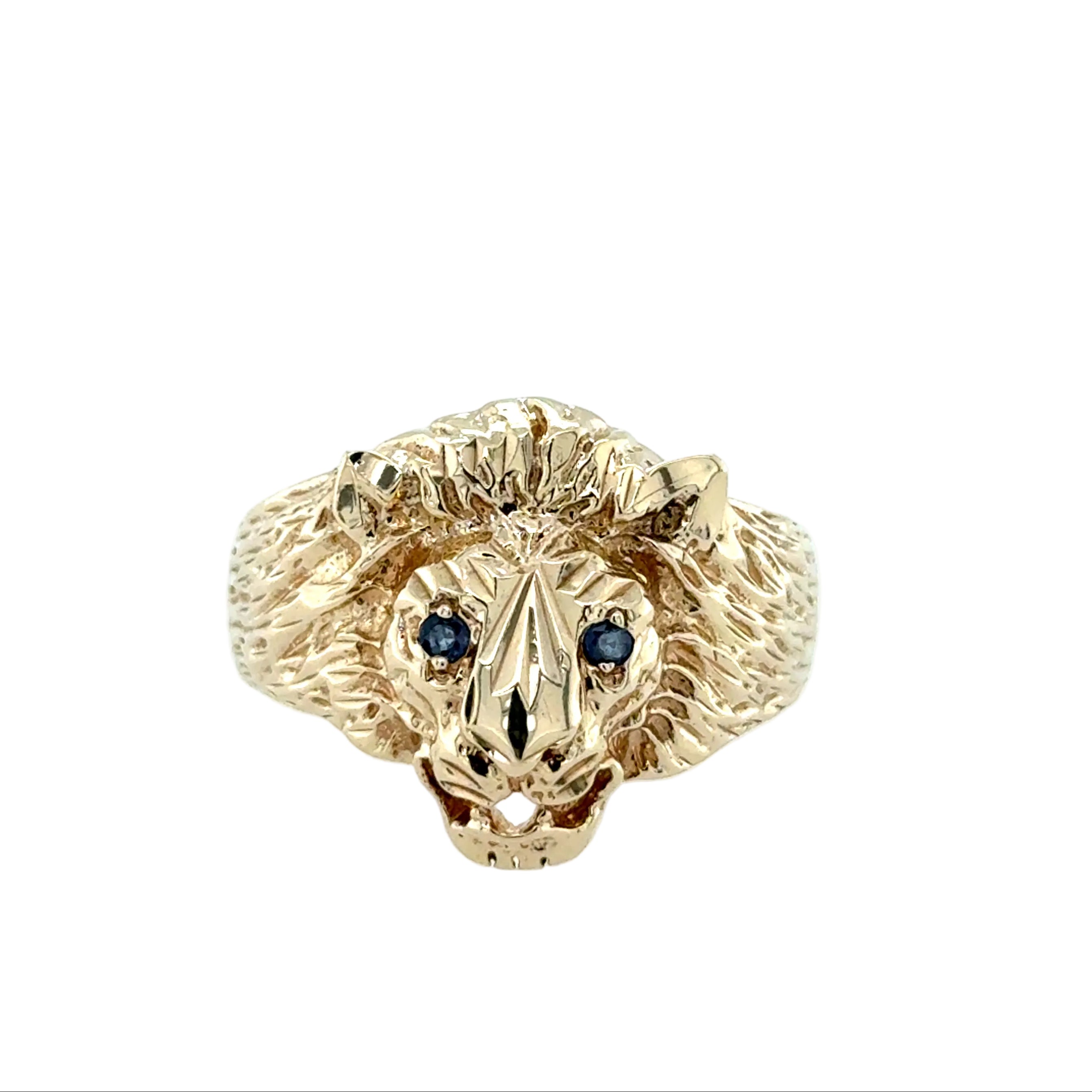 9ct Yellow Gold Lion Head Ring Sapphire Set Size Y 1/2