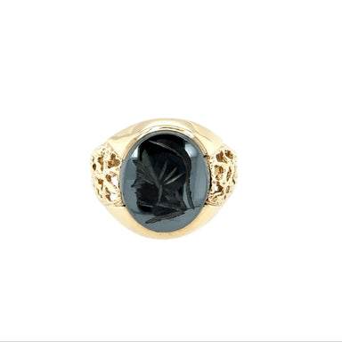 9ct Yellow Gold Oval Hematite Centurion Head Signet Ring London 1988