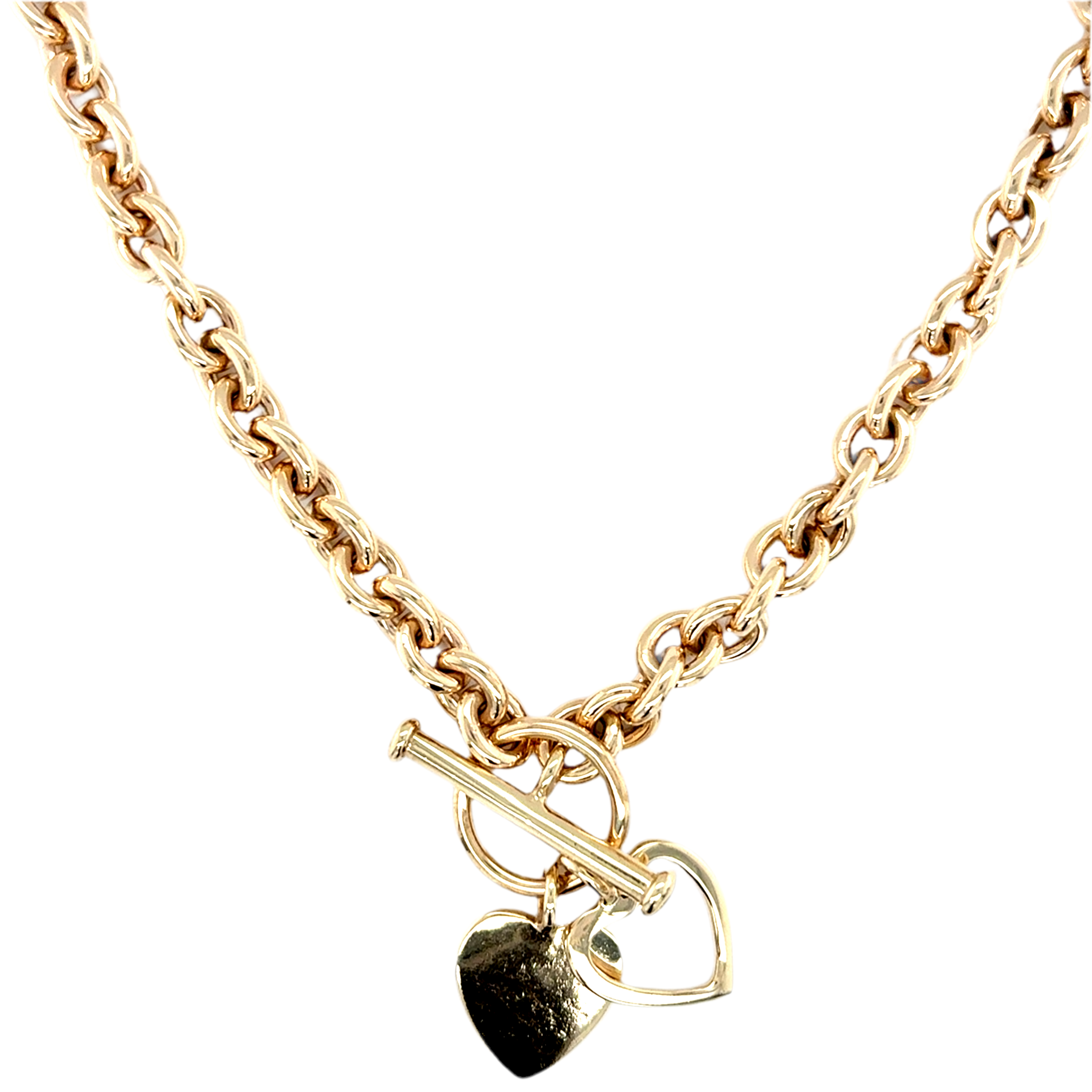 9ct Yellow Gold 15 Inch Solid Belcher Link Heart & Tbar Chain Necklace - 63.07g