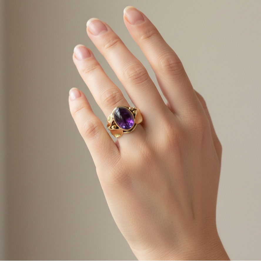 Cabochon Amethyst & 9ct Yellow Gold Unusual Handmade Ring Edinburgh 1992