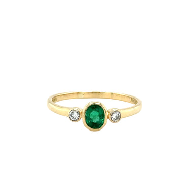Emerald & Diamond Three Stone Ring 18ct Yellow Gold London 1994