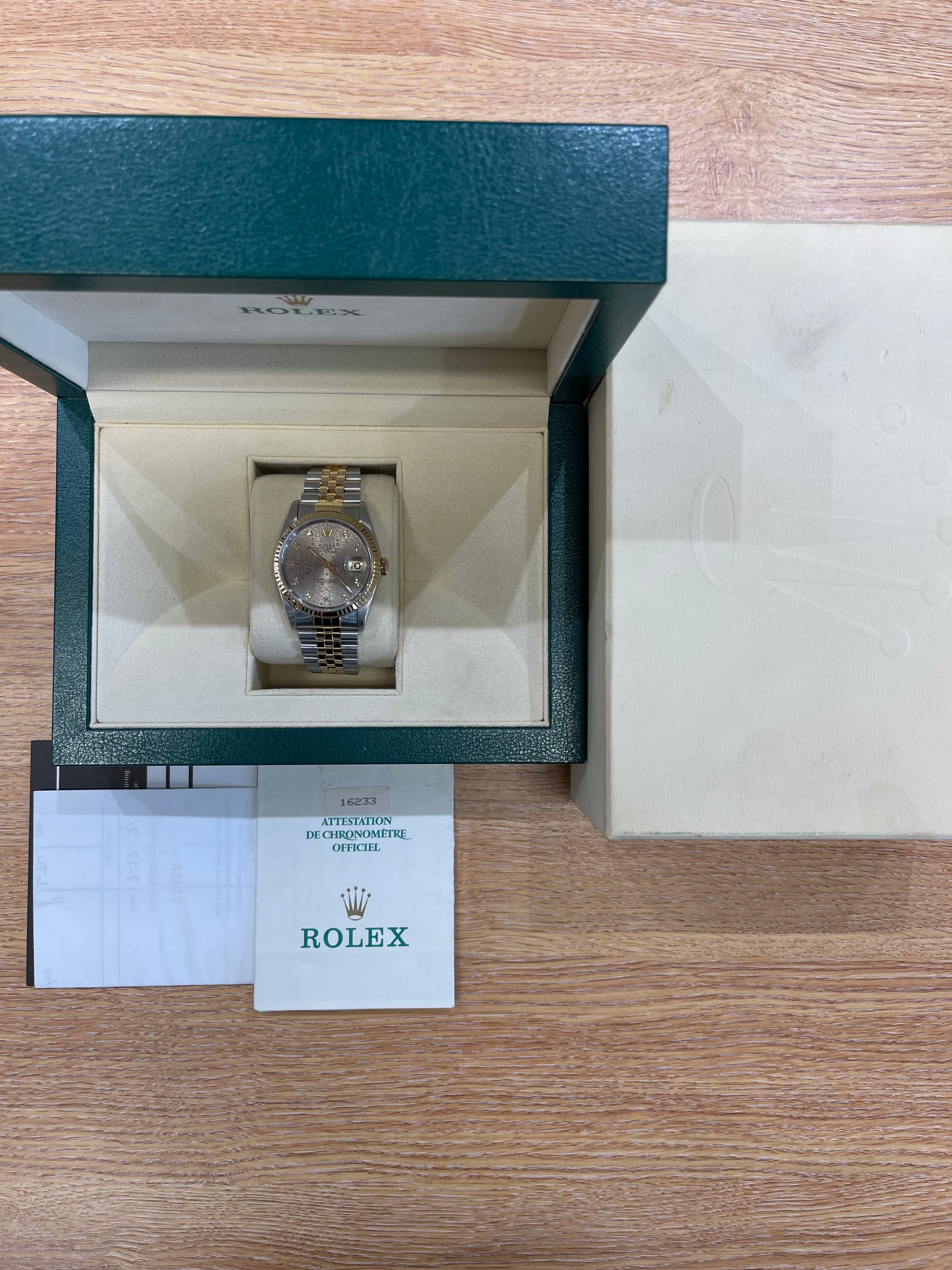 ROLEX Datejust 16233 Watch Diamond Hologram Dial Box & Papers 1990