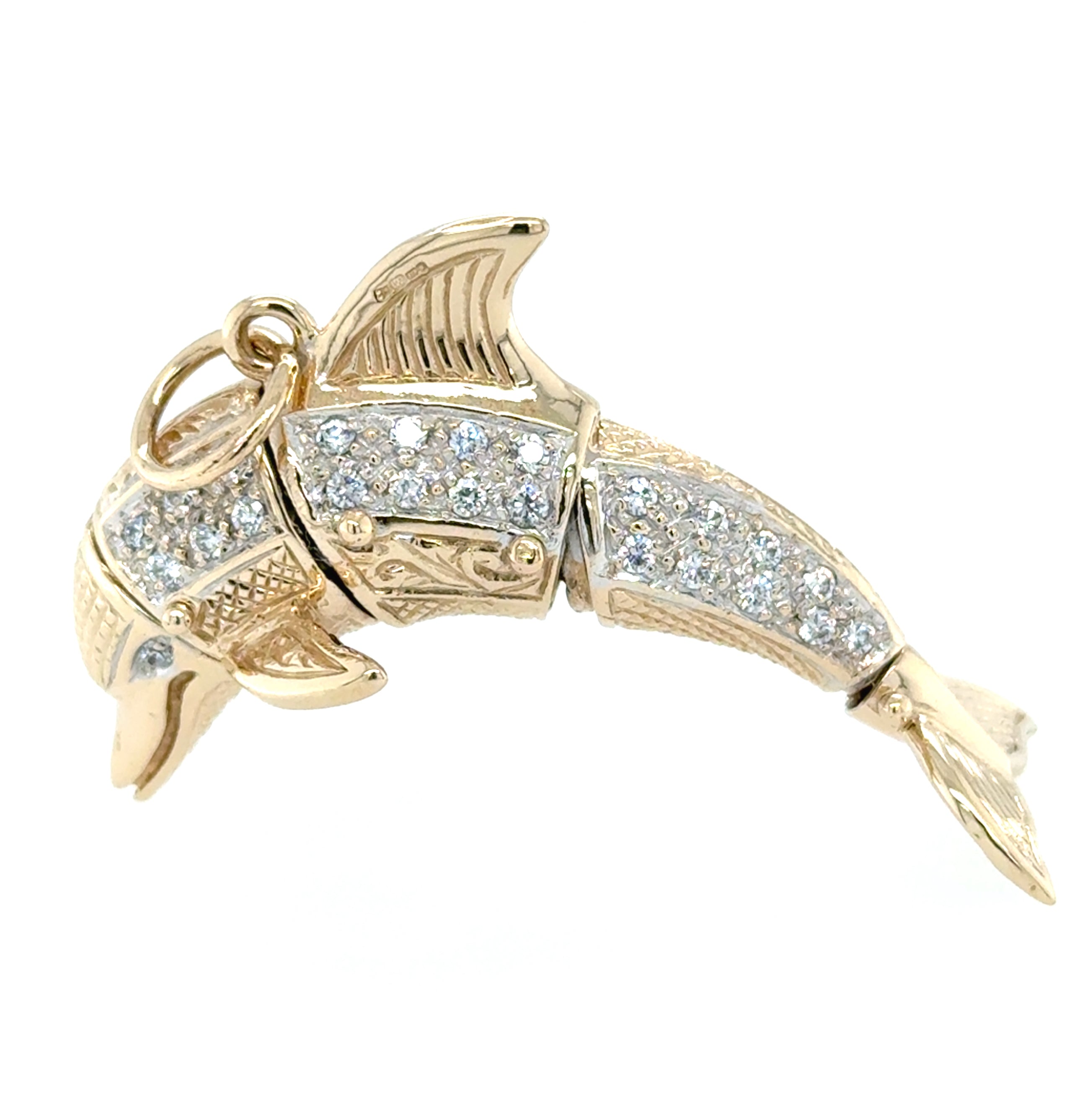 9ct Yellow Gold Cubic Zirconia Set Dolphin Pendant - 15.18g