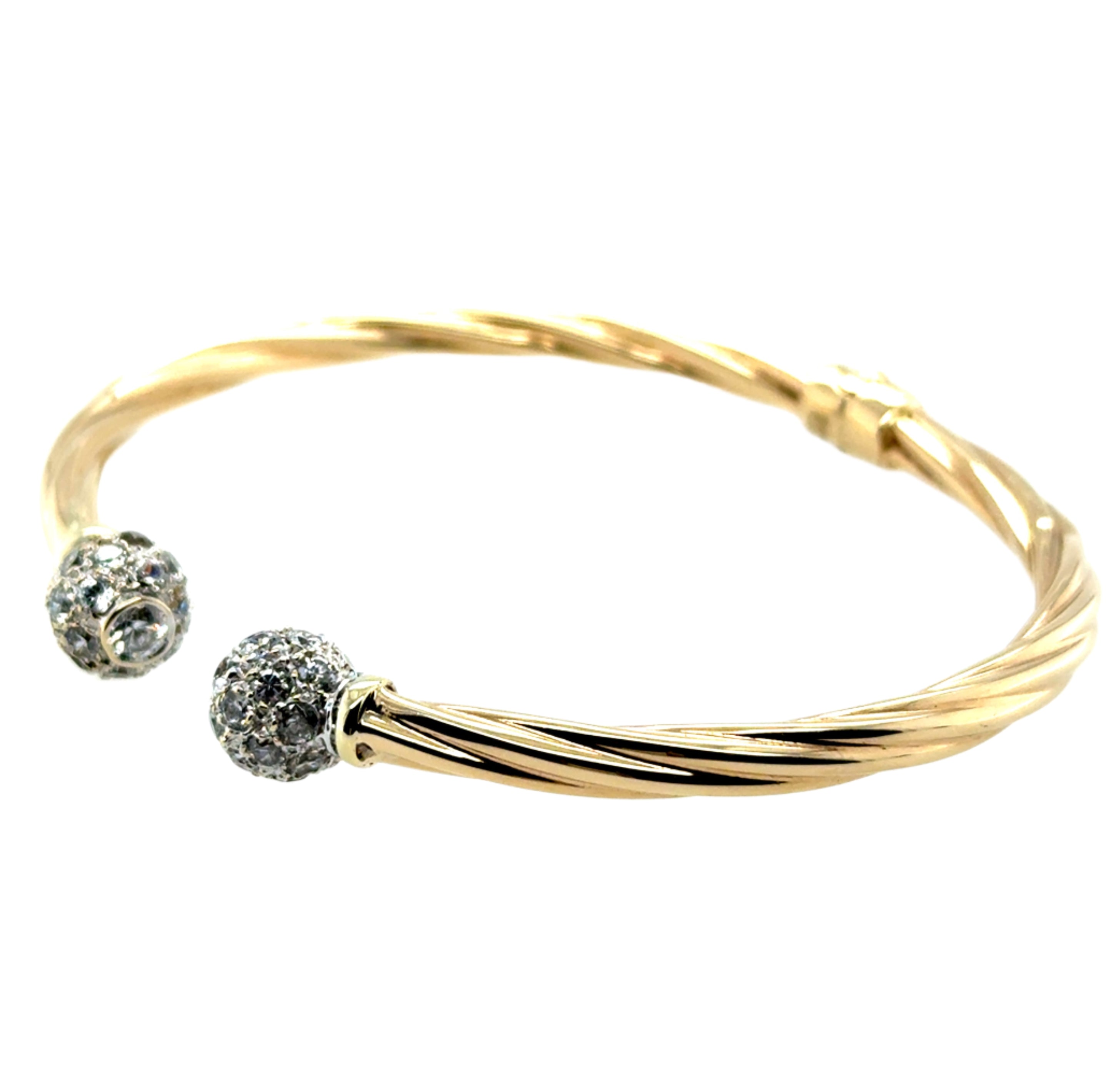 9ct Yellow Gold Twisted Cubic Zirconia Hinged Torque Bangle - 10.00g