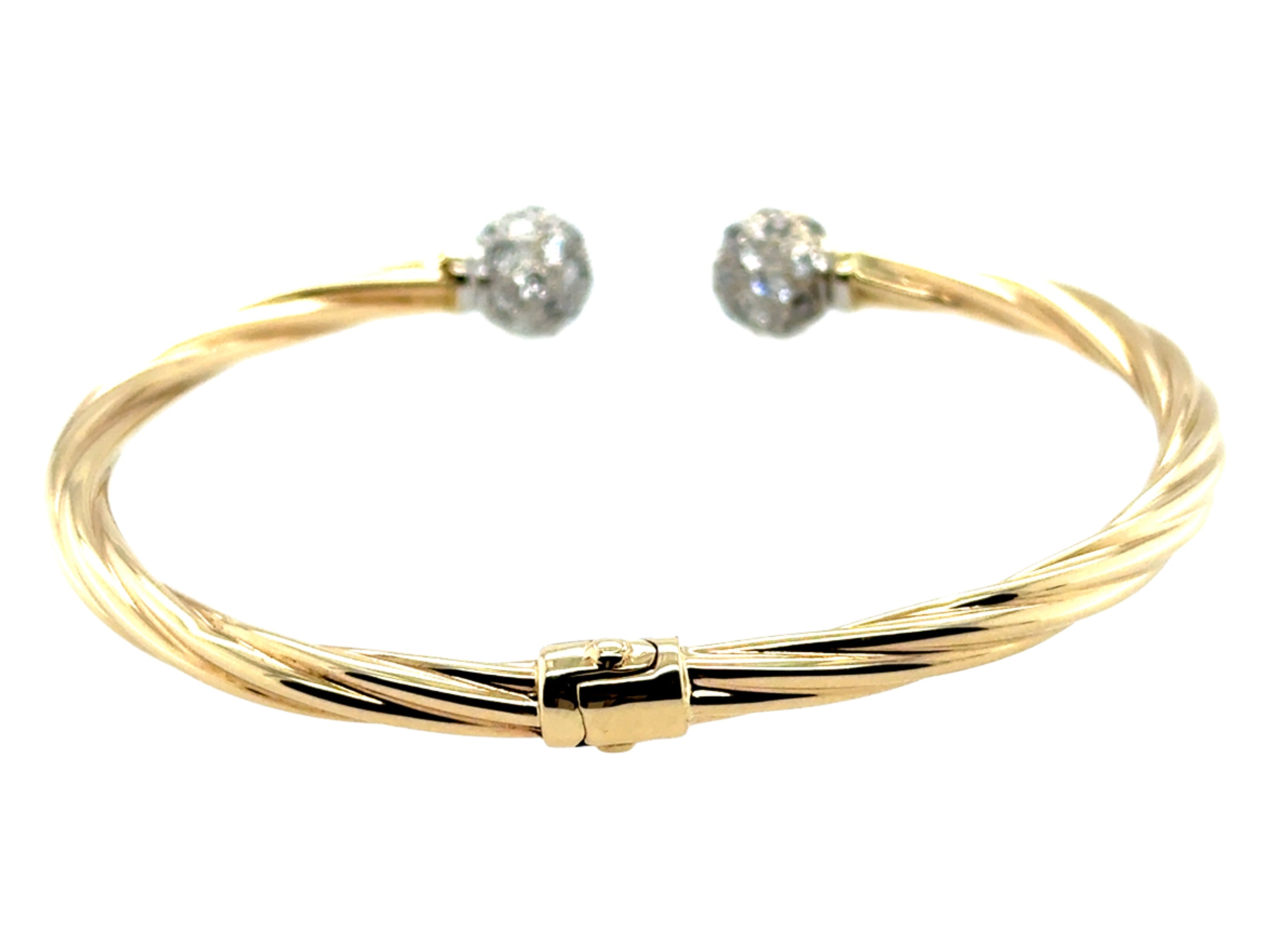 9ct Yellow Gold Twisted Cubic Zirconia Hinged Torque Bangle - 10.00g