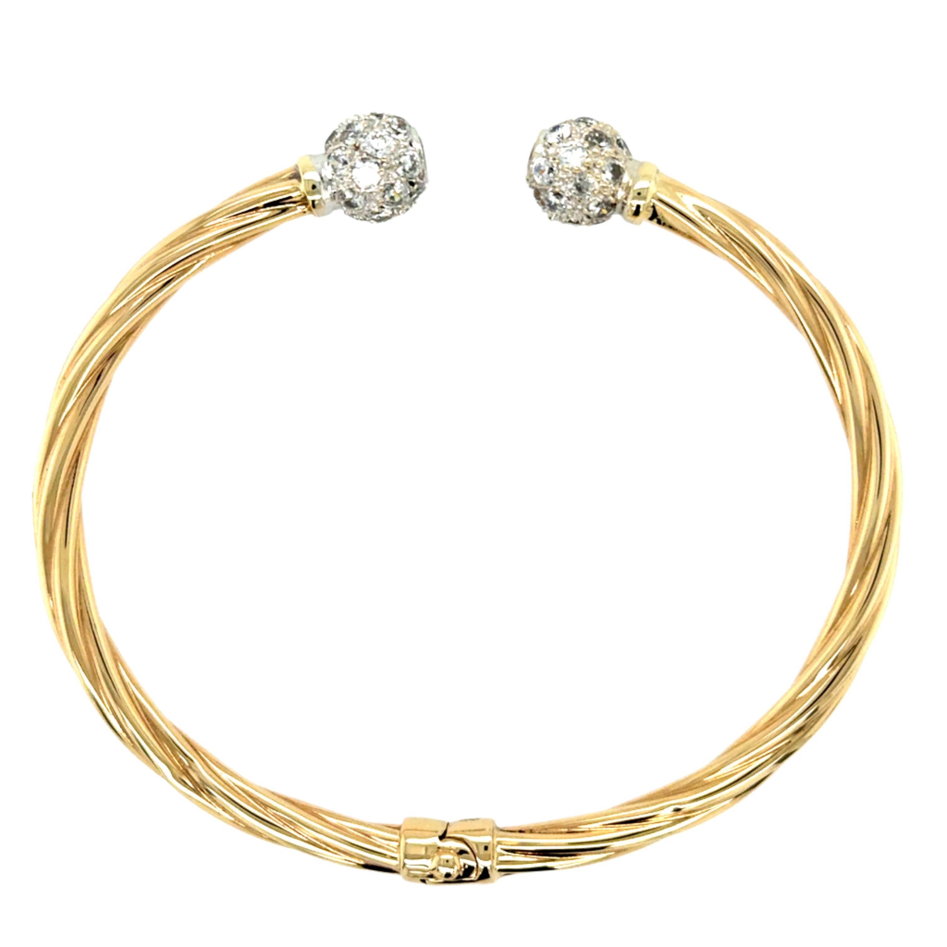 9ct Yellow Gold Twisted Cubic Zirconia Hinged Torque Bangle - 10.00g