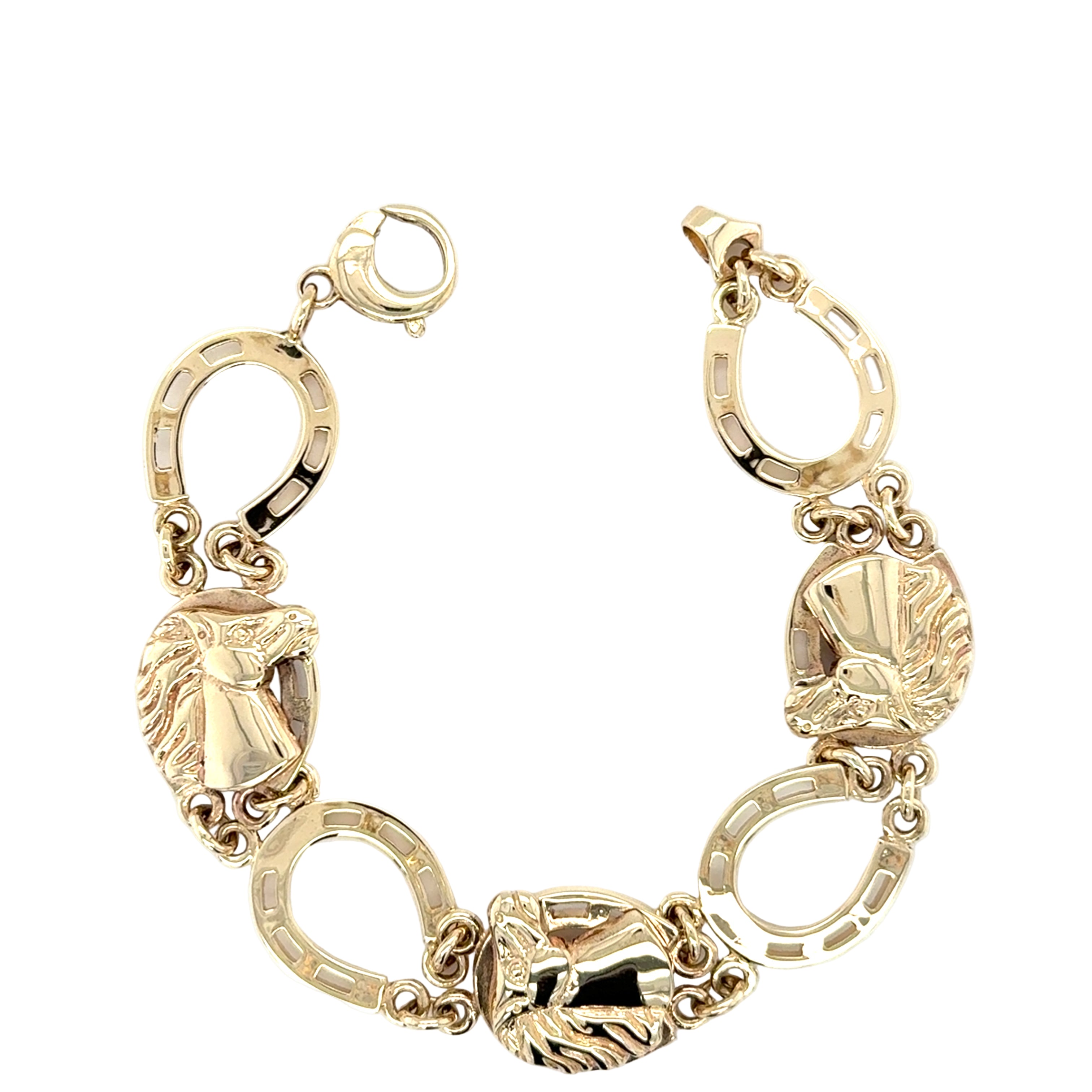 9ct Yellow Gold 8.5 Inch Horseshoe Horse's Head Bracelet - 34.92g