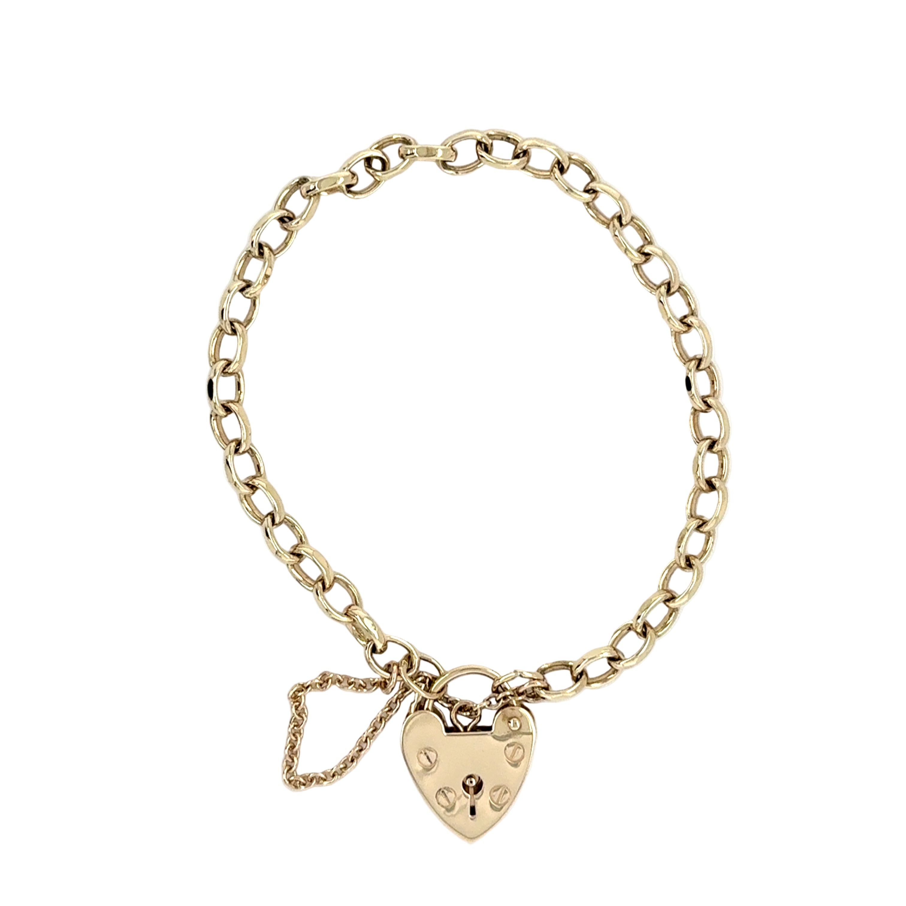 9ct Yellow Gold 6.5 Inch Oval Belcher Link Heart Padlock Bracelet - 9.05g