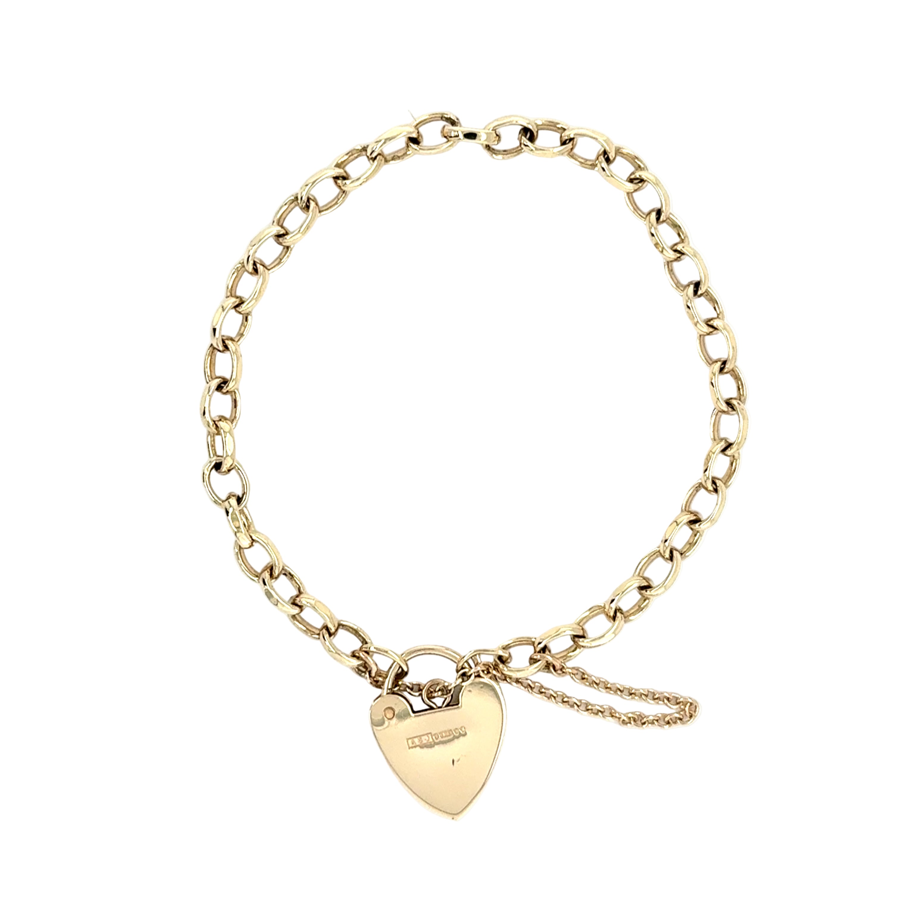 9ct Yellow Gold 6.5 Inch Oval Belcher Link Heart Padlock Bracelet - 9.05g