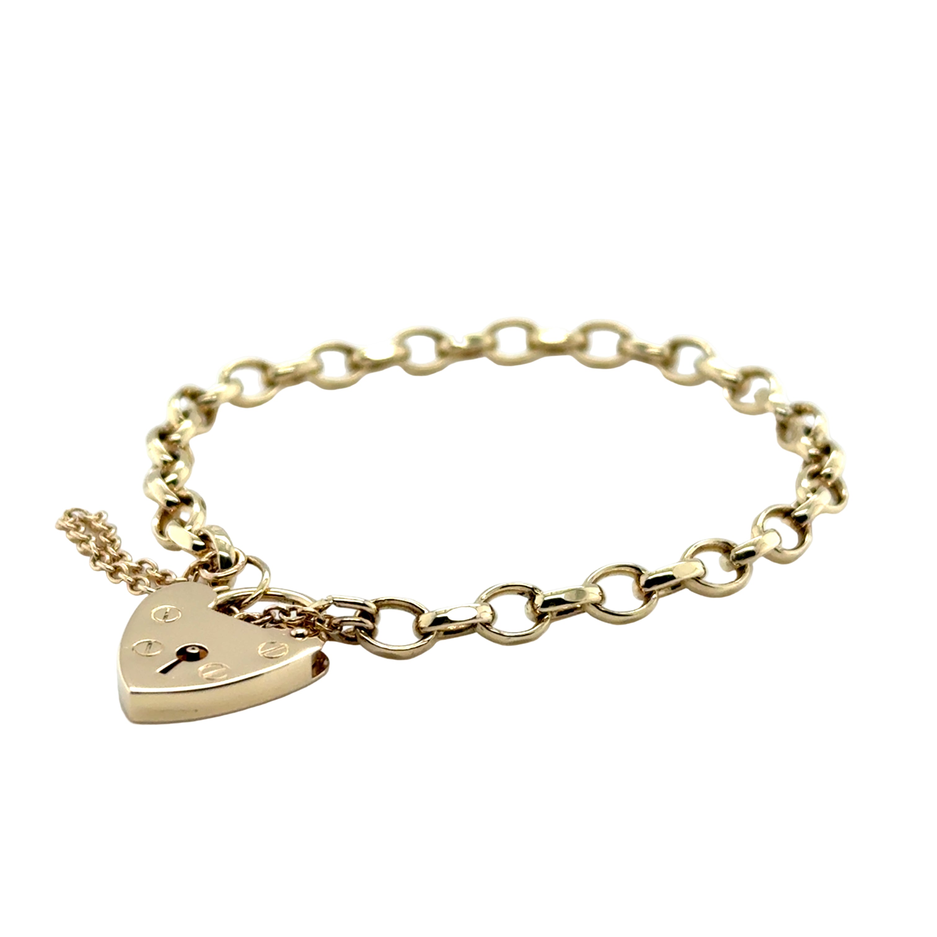 9ct Yellow Gold 6.5 Inch Oval Belcher Link Heart Padlock Bracelet - 9.05g