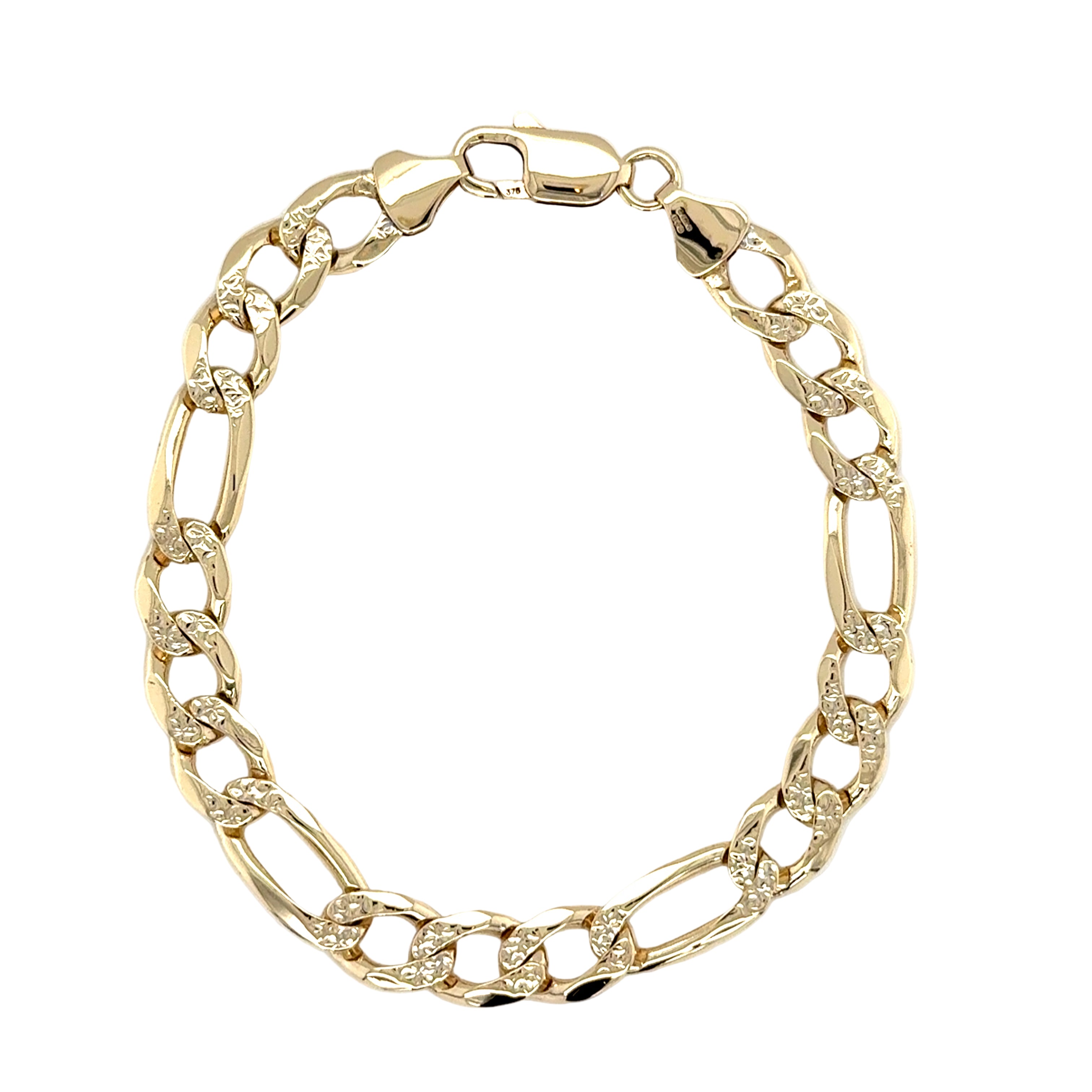 9ct Yellow Gold 8 Inch Frosted Figaro Link Bracelet - 16.33g