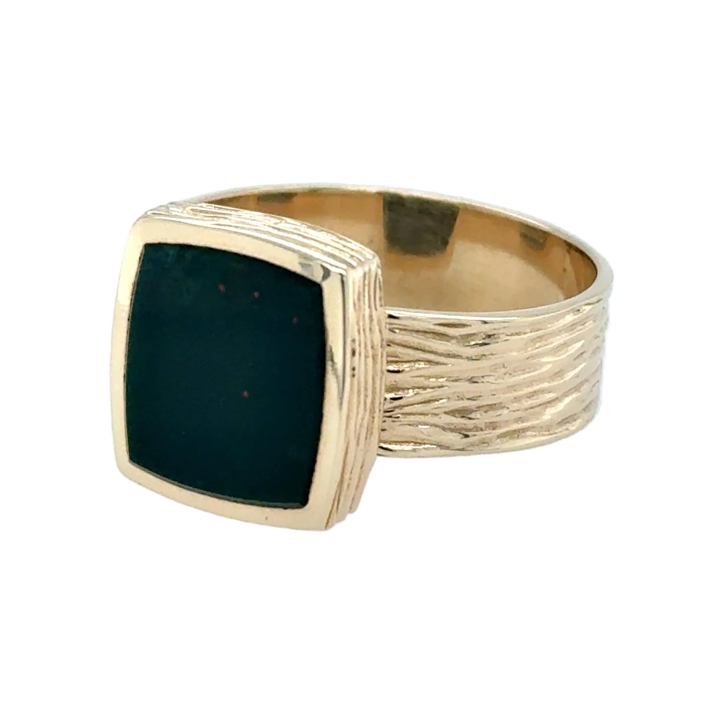 9ct Yellow Gold Bloodstone Signet Ring Bark Effect Detail Size Y